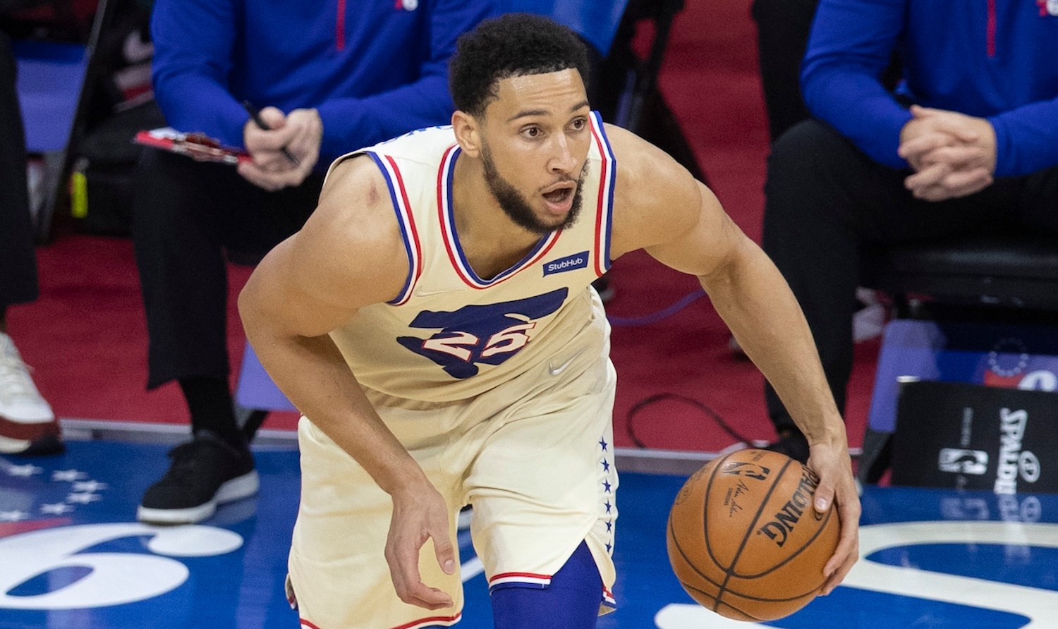 PHILADELPHIA, PA - APRIL 14: Ben Simmons #25 of the Philadelphia 76ers dribbles the ball against the Brooklyn Nets at the Wells Fargo Center on April 14, 2021 in Philadelphia, Pennsylvania. The 76ers defeated the Nets 123-117. NOTE TO USER: User expressly acknowledges and agrees that, by downloading and or using this photograph, User is consenting to the terms and conditions of the Getty Images License Agreement. (Photo by Mitchell Leff/Getty Images)