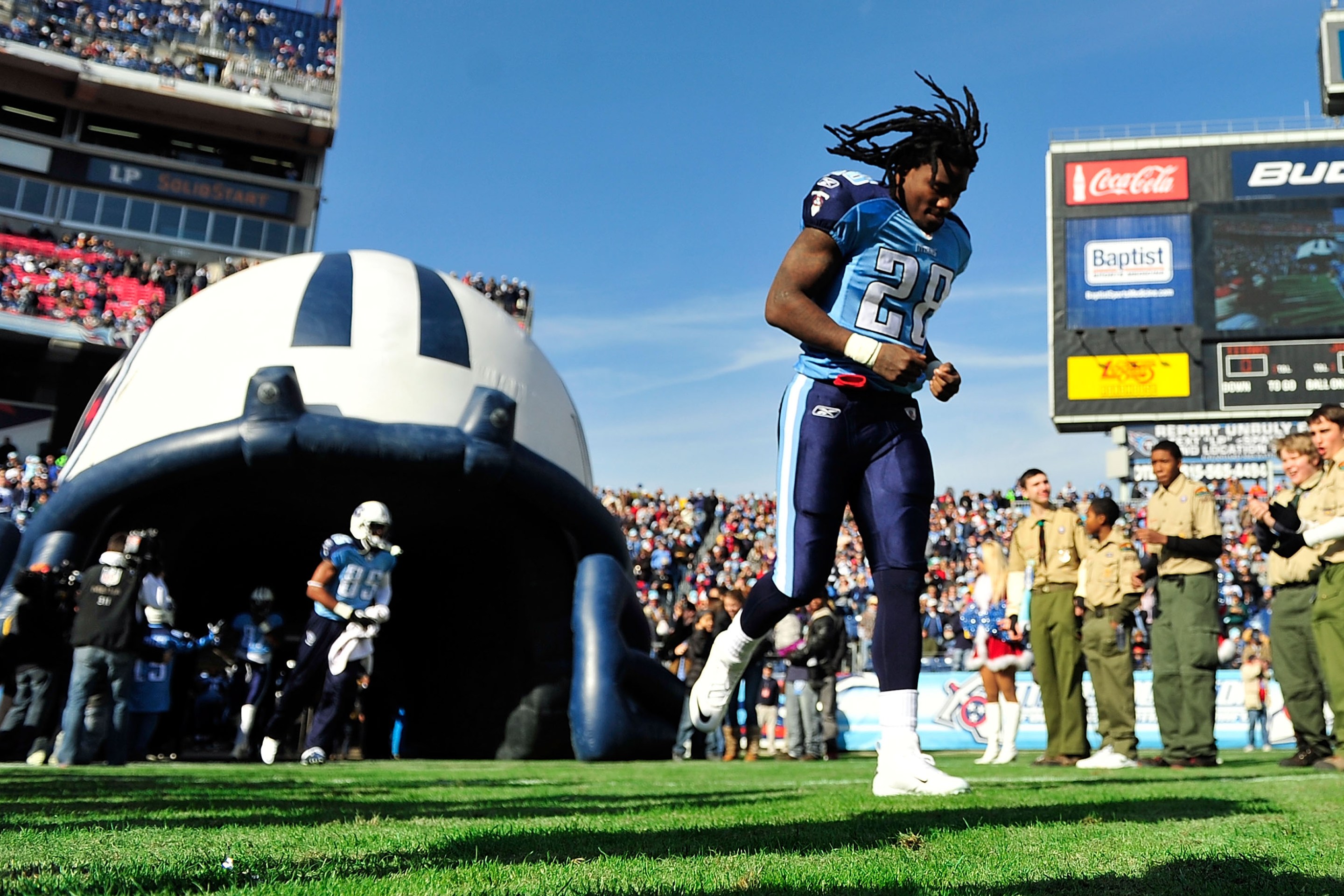 NASHVILLE, TN - DECEMBER 24: Chris Johnson #28 of the Tennessee Titans is introduced before a game against the Jacksonville Jaguars during play at LP Field on December 24, 2011 in Nashville, Tennessee. The Titans won 23-17. (Photo by Grant Halverson/Getty Images)