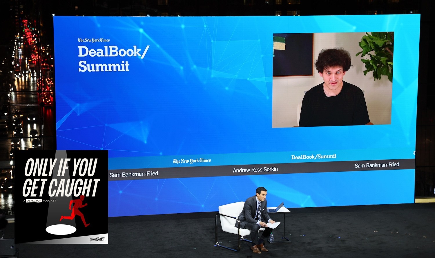 NEW YORK, NEW YORK - NOVEMBER 30: Andrew Ross Sorkin speaks with FTX founder Sam Bankman-Fried during the New York Times DealBook Summit in the Appel Room at the Jazz At Lincoln Center on November 30, 2022 in New York City. The New York Times held its first in-person DealBook Summit since the start of the coronavirus (COVID-19) pandemic with speakers from the worlds of financial services, technology, consumer goods, private investment, venture capital, banking, media, public relations, policy, government, and academia. (Photo by Michael M. Santiago/Getty Images)