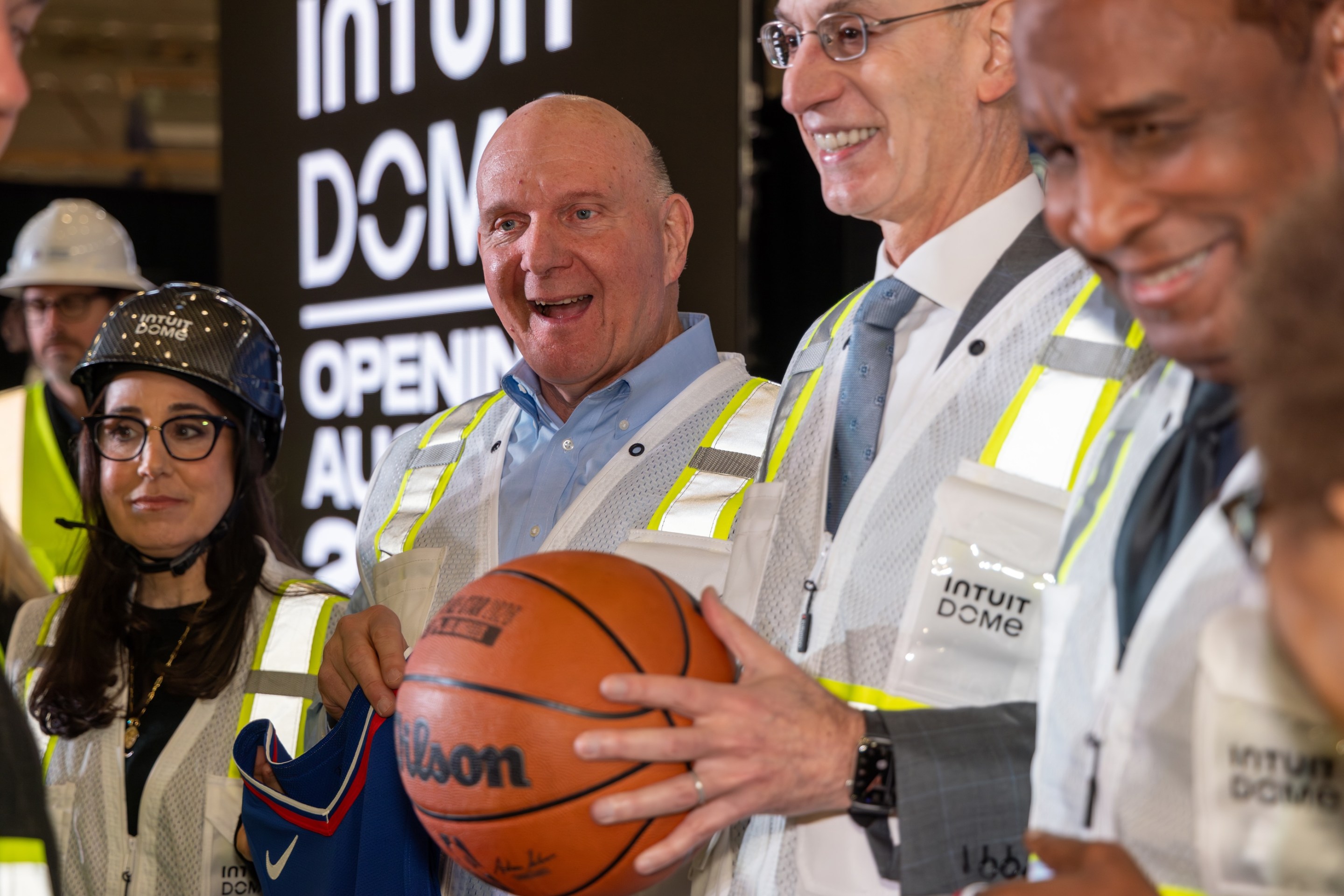 Gillian Zucker, left, president business operation, Clippers owner Steve Ballmer, NBA Commissioner Adam Silver and Inglewood Mayor James Butts at the announcement that the 2026 NBA All-Star Game will be held at the team's new Inglewood arena, in January of 2024.