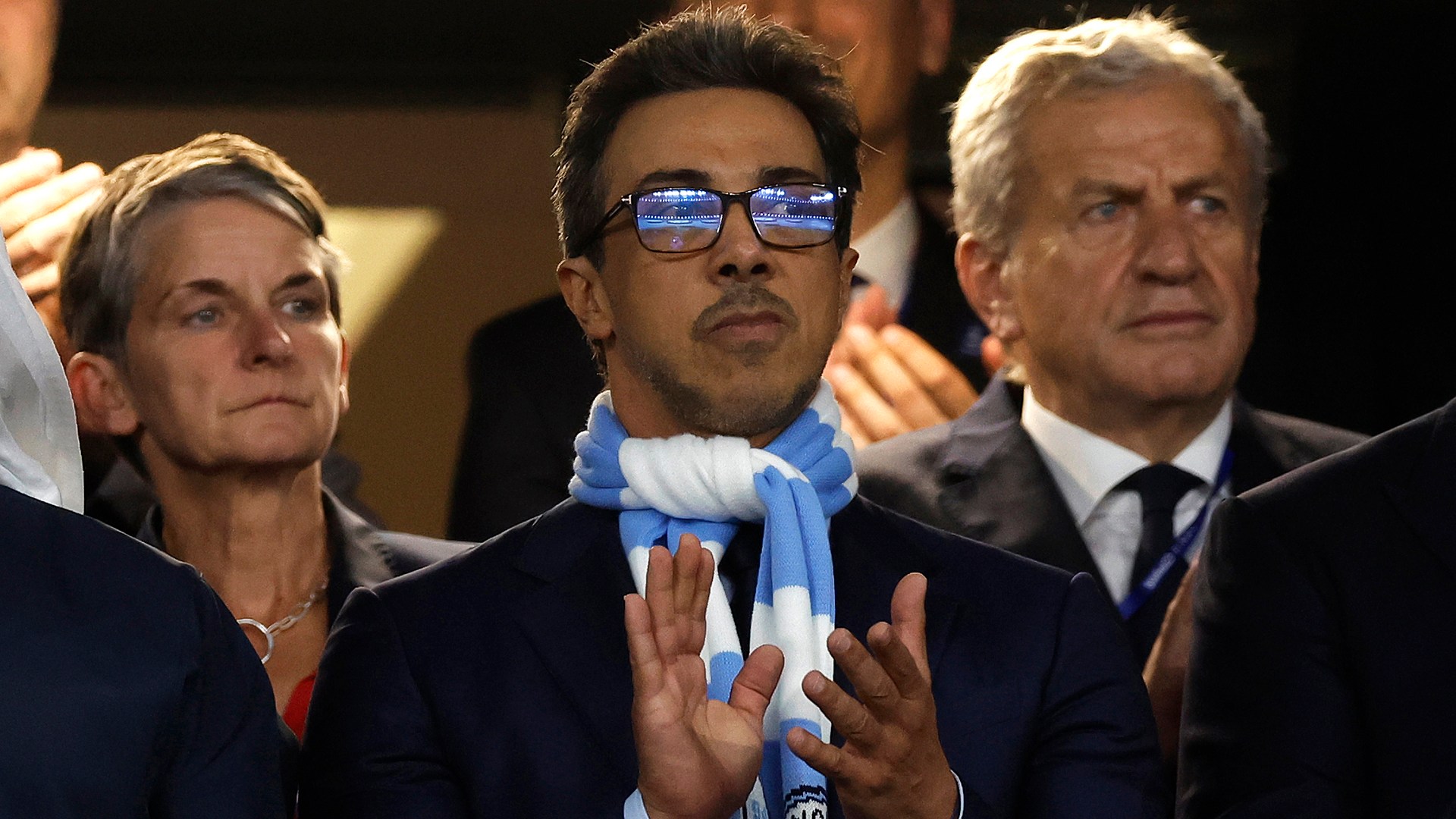 The Manchester City owner Abu Dhabi royal Sheikh Mansour bin Zayed Al Nahyan applauds his team onto the pitch before the UEFA Champions League Final between Manchester City and Inter Milan at the Ataturk Olympic Stadium on June 10th 2023 in Istanbul, Turkey