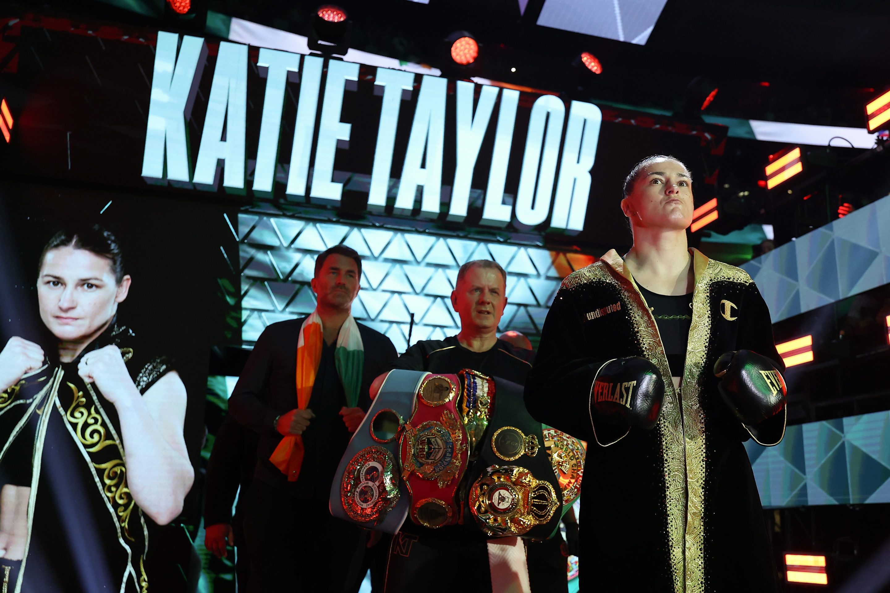 Katie Taylor walks to the ring prior to fighting Amanda Serrano in their undisputed IBF, WBA, WBC, WBO, and Ring super lightweight championship bout during Netflix's Katie Taylor vs Amanda Serrano 3 at Madison Square Garden on July 11, 2025 in New York City.