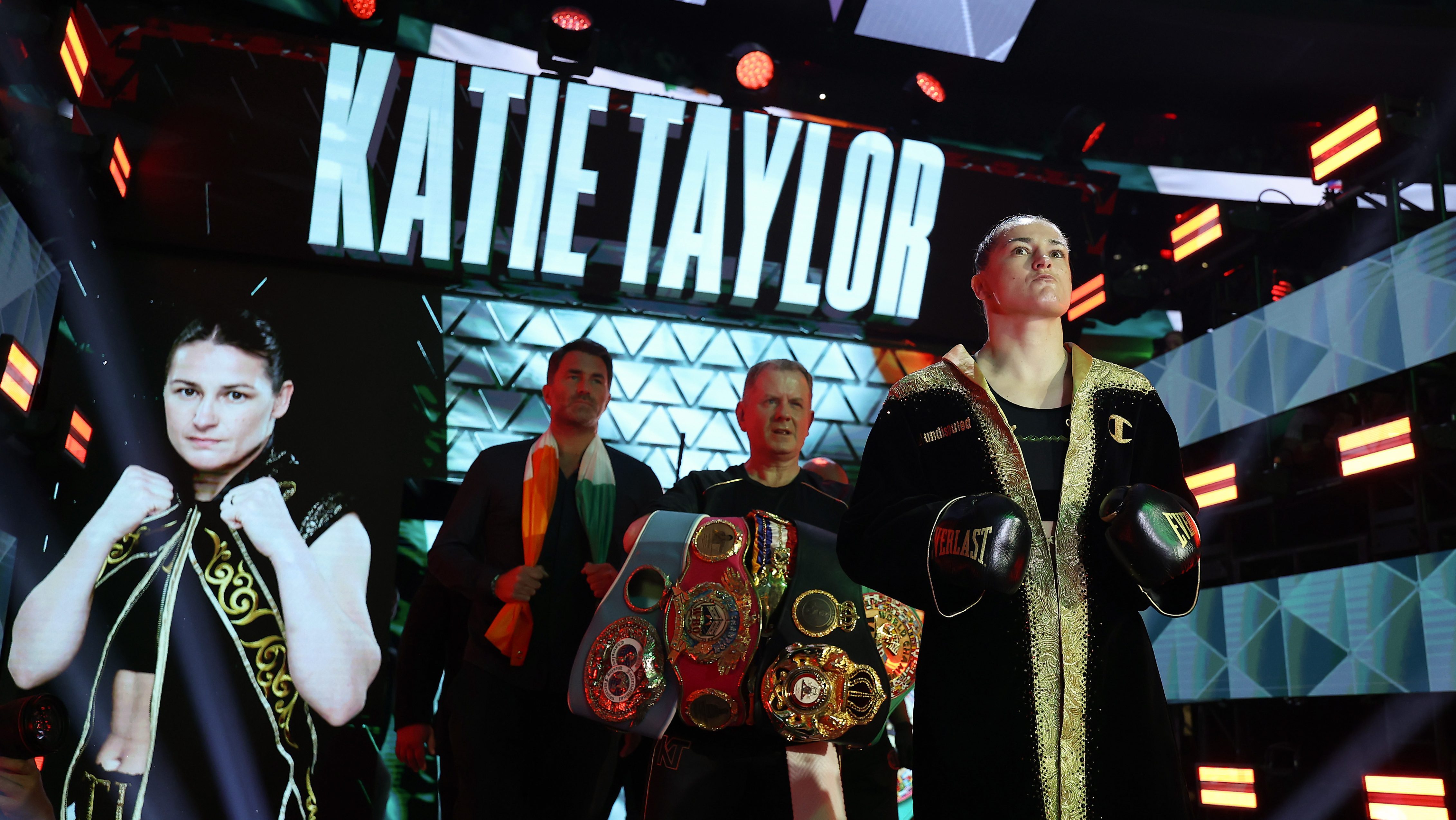 Katie Taylor walks to the ring prior to fighting Amanda Serrano in their undisputed IBF, WBA, WBC, WBO, and Ring super lightweight championship bout during Netflix's Katie Taylor vs Amanda Serrano 3 at Madison Square Garden on July 11, 2025 in New York City.