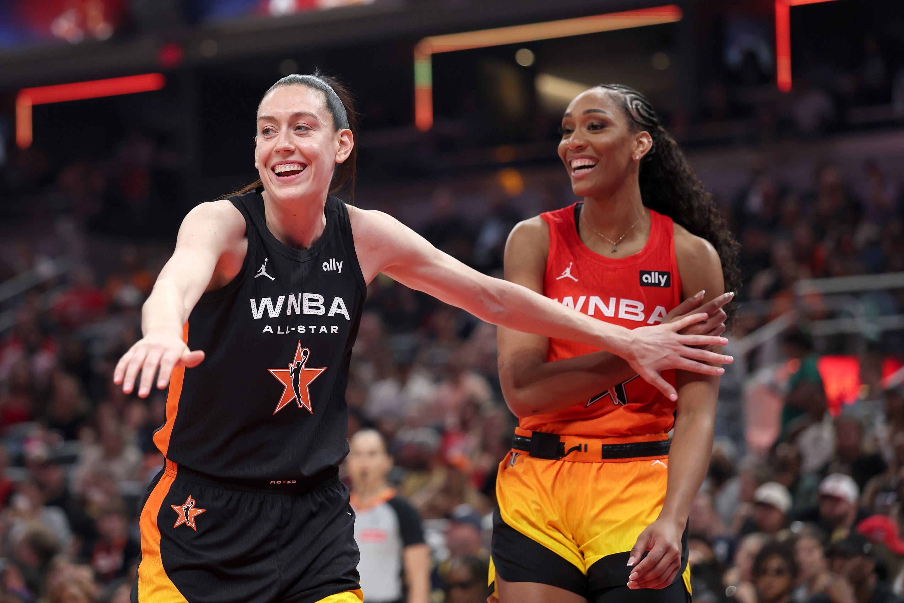 Breanna Stewart #30 of the New York Liberty defends against A’ja Wilson #22 of the Las Vegas Aces during the first half of the 2025 AT&amp;T WNBA All-Star Game at Gainbridge Fieldhouse on July 19, 2025 in Indianapolis, Indiana.