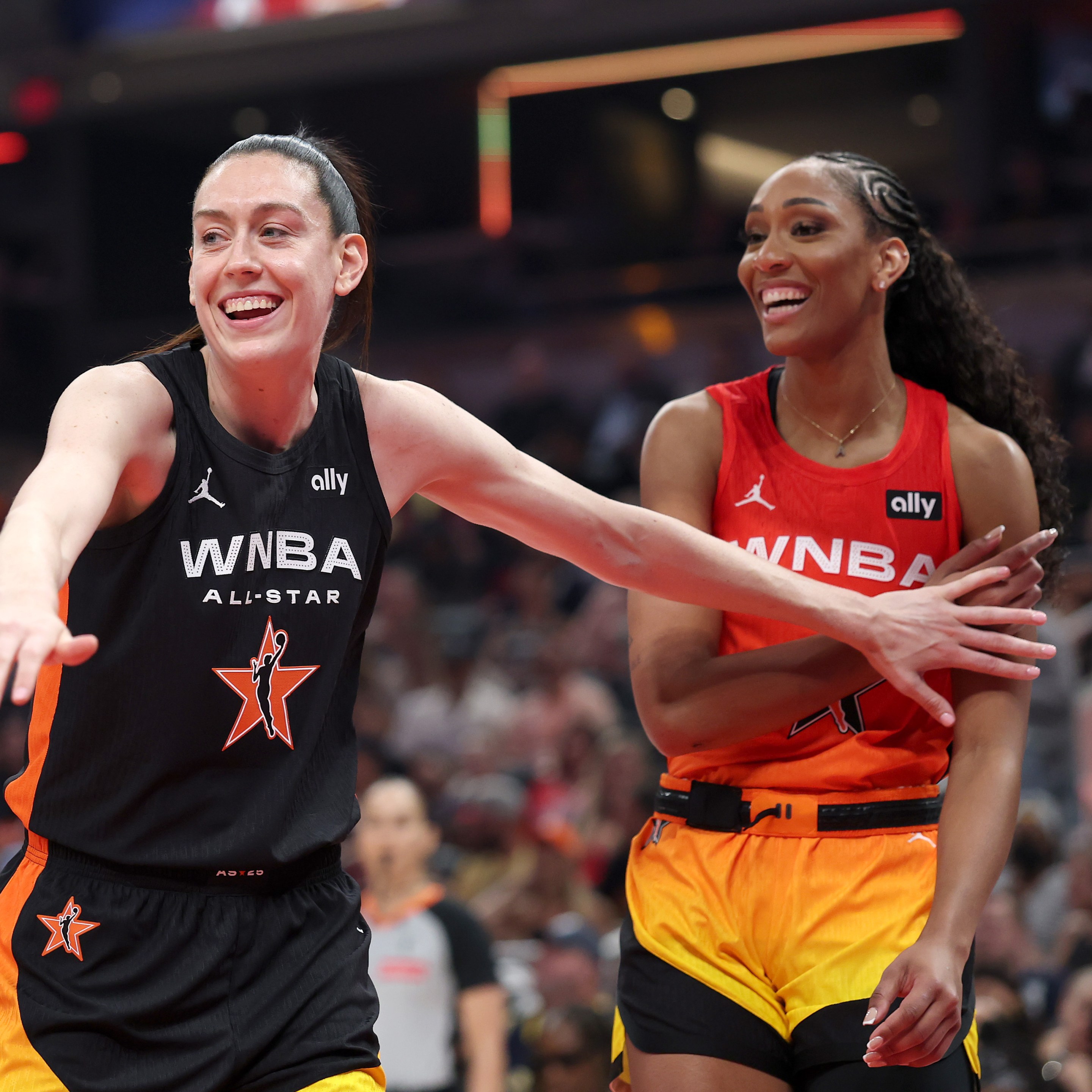 Breanna Stewart #30 of the New York Liberty defends against A’ja Wilson #22 of the Las Vegas Aces during the first half of the 2025 AT&amp;T WNBA All-Star Game at Gainbridge Fieldhouse on July 19, 2025 in Indianapolis, Indiana.