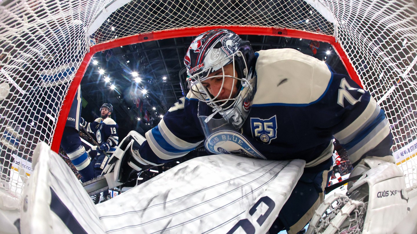 COLUMBUS, OHIO - DECEMBER 31: Jet Greaves #73 of the Columbus Blue Jackets makes a save during the third period at Nationwide Arena on December 31, 2025 in Columbus, Ohio.