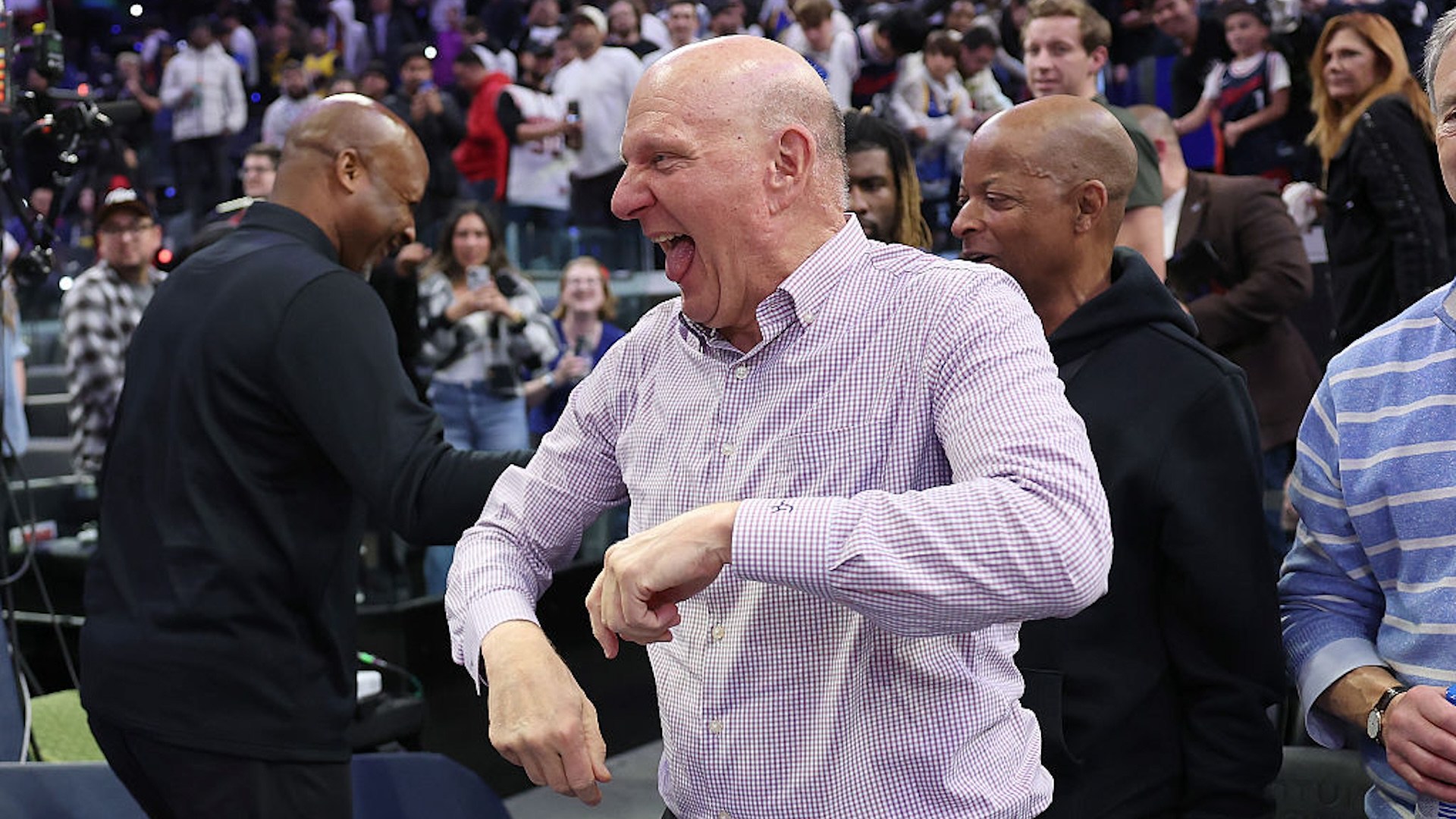Owner Steve Ballmer of the Los Angeles Clippers reacts after defeating the Golden State Warriors 103-102 at Intuit Dome on January 05, 2026