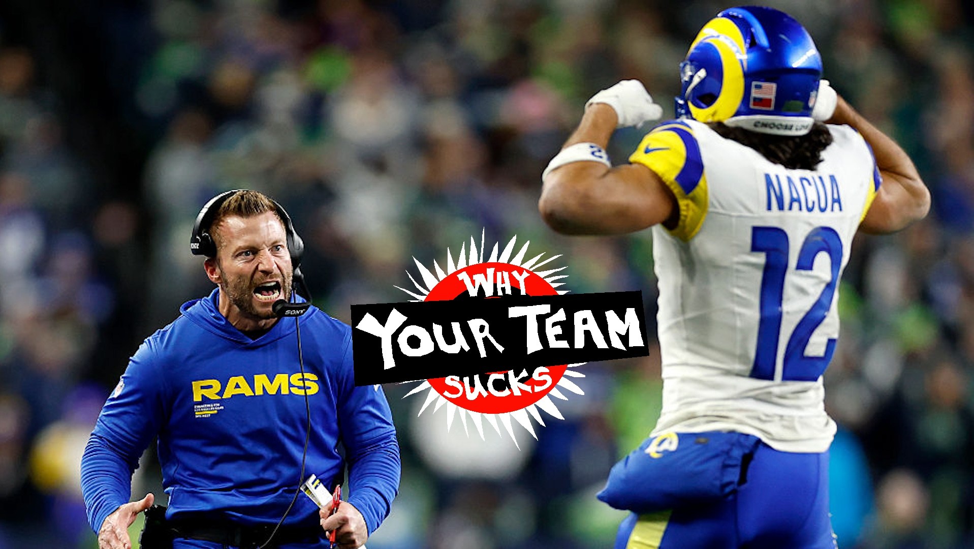 Head coach Sean McVay celebrates after a third quarter touchdown from Puka Nacua #12 of the Los Angeles Rams against the Seattle Seahawks in the NFC Championship game
