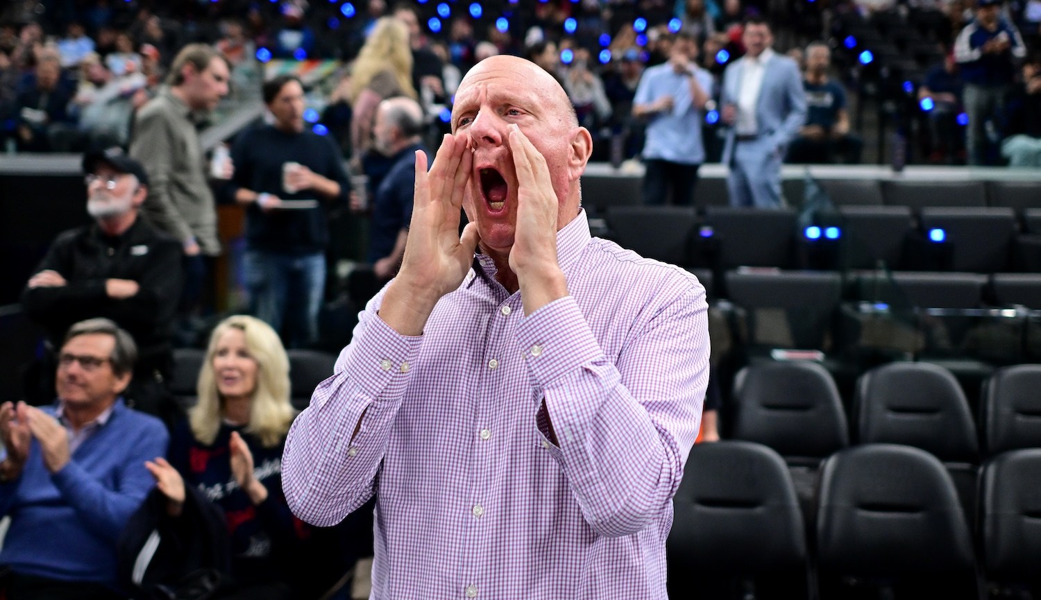 INGLEWOOD, CALIFORNIA - FEBRUARY 4: Los Angeles Clippers owner Steve Balmer cheers on his team before a game against the Cleveland Cavaliers at Intuit Dome on February 4, 2026 in Inglewood, California. (Photo by Wally Skalij/Getty Images) NOTE TO USER: User expressly acknowledges and agrees that, by downloading and or using this photograph, User is consenting to the terms and conditions of the Getty Images License Agreement.