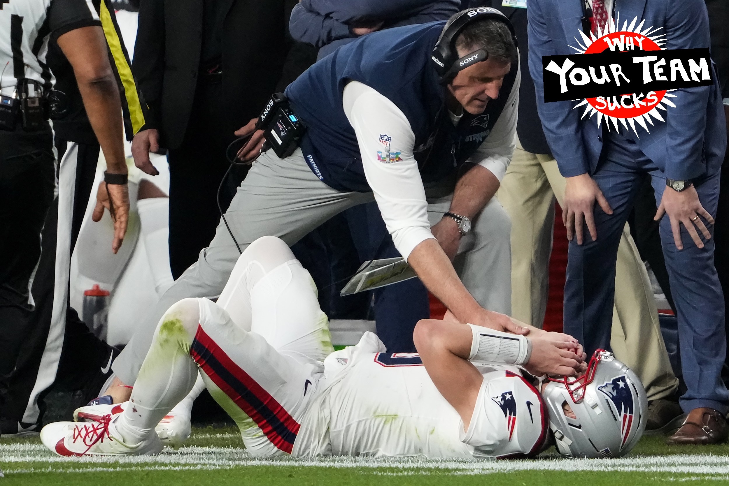 Santa Clara, CA - February 8: New England Patriots head coach Mike Vrabel checks on quarterback Drake Maye in the fourth quarter. The New England Patriots and Seattle Seahawks played in Super Bowl LX at Levi's Stadium on February 8, 2026. (Photo by Barry Chin/The Boston Globe via Getty Images)