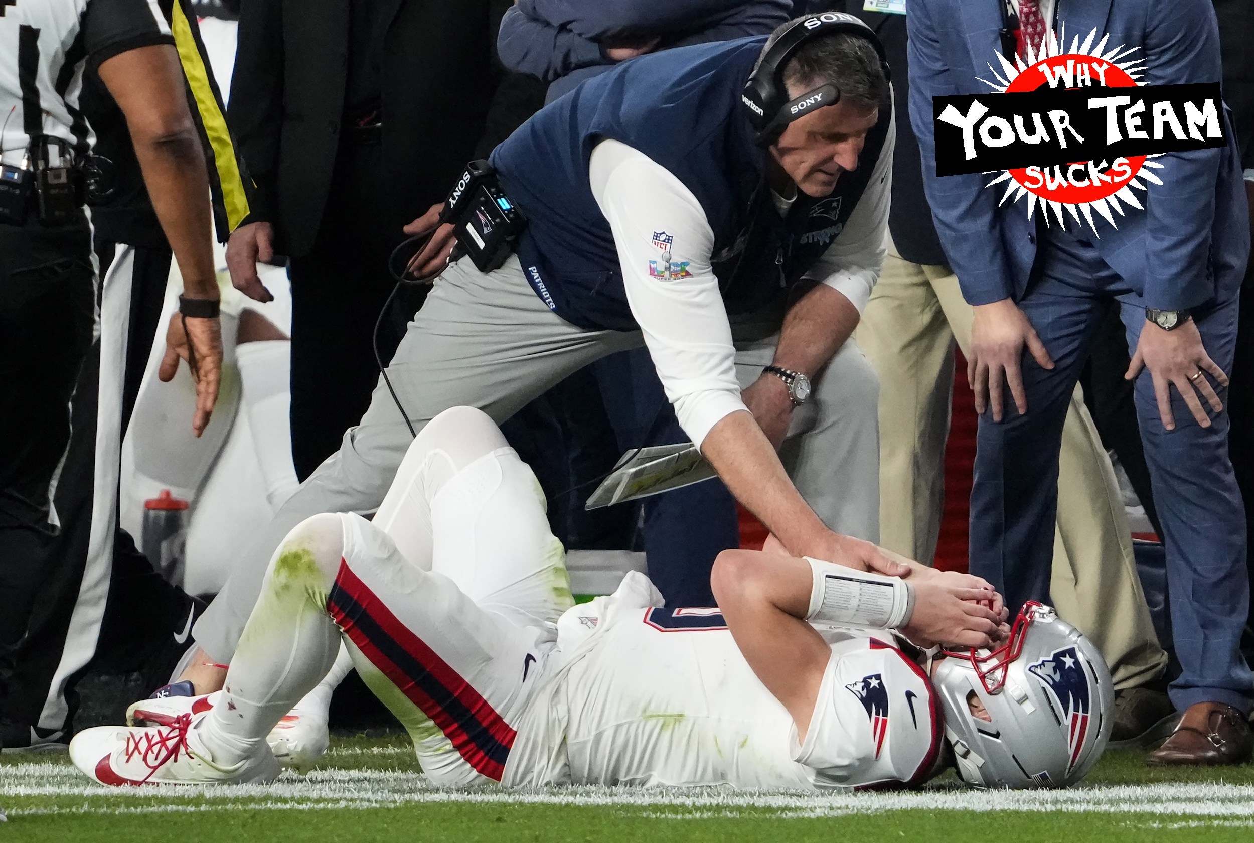 Santa Clara, CA - February 8: New England Patriots head coach Mike Vrabel checks on quarterback Drake Maye in the fourth quarter. The New England Patriots and Seattle Seahawks played in Super Bowl LX at Levi's Stadium on February 8, 2026. (Photo by Barry Chin/The Boston Globe via Getty Images)