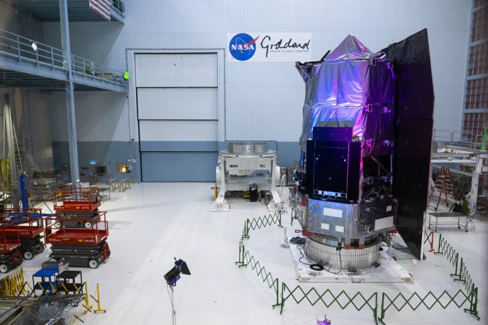 The Nancy Grace Roman Space Telescope is unveiled to the public at NASA's Goddard Space Flight Center in Greenbelt, Maryland on April 21, 2026. Named after NASA's first chief astronomer, the Nancy Grace Roman Space Telescope will have a field of view at least 100 times larger than Hubble's, potentially measuring light from a billion galaxies in its lifetime. It is expected to be launched in late 2026 or early 2027. (Photo by SAUL LOEB / AFP via Getty Images)