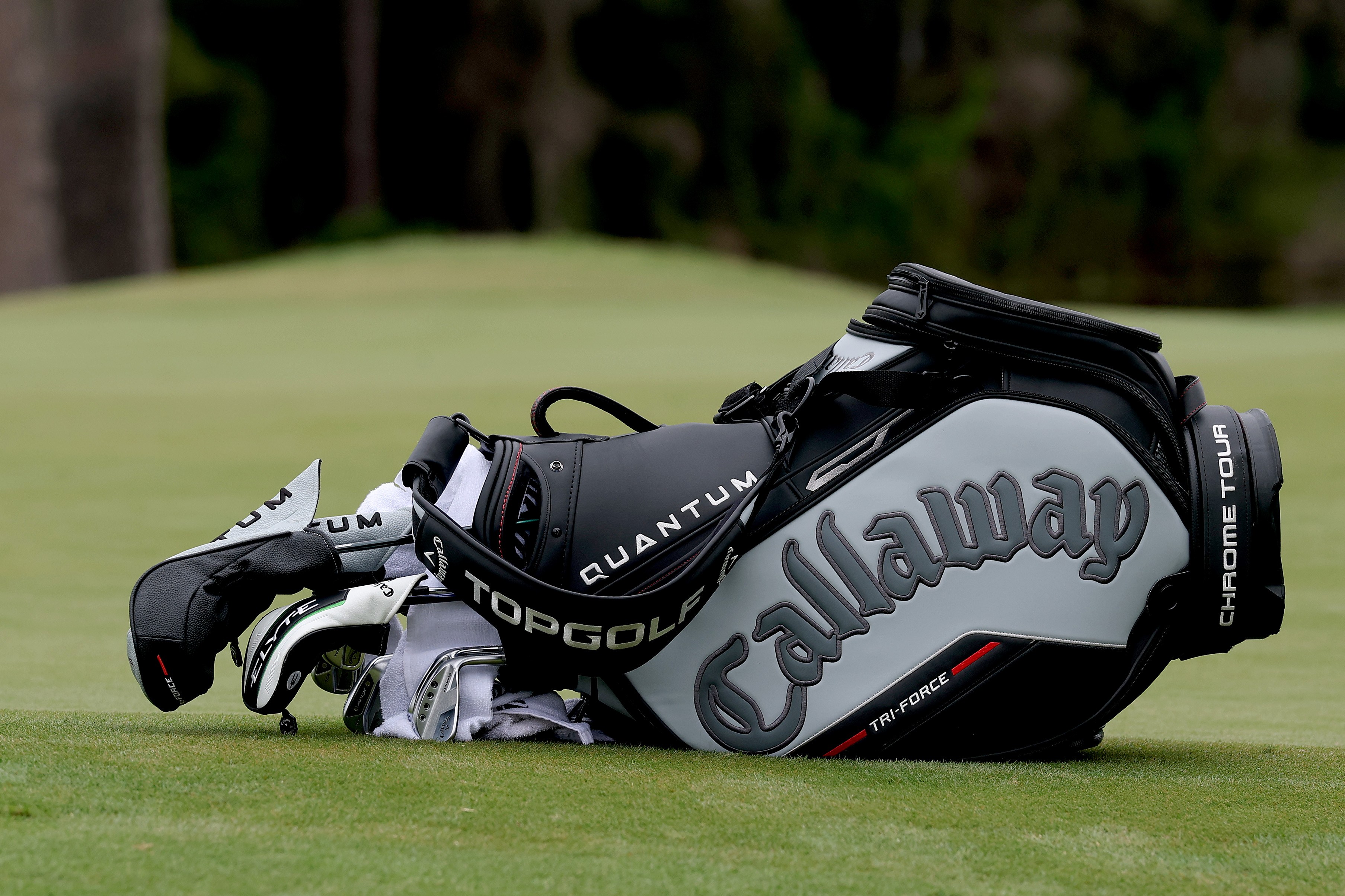 A general view of a Callaway cart bag near the ninth green during the first round of the Insperity Invitational 2026 at The Woodlands Golf Club.