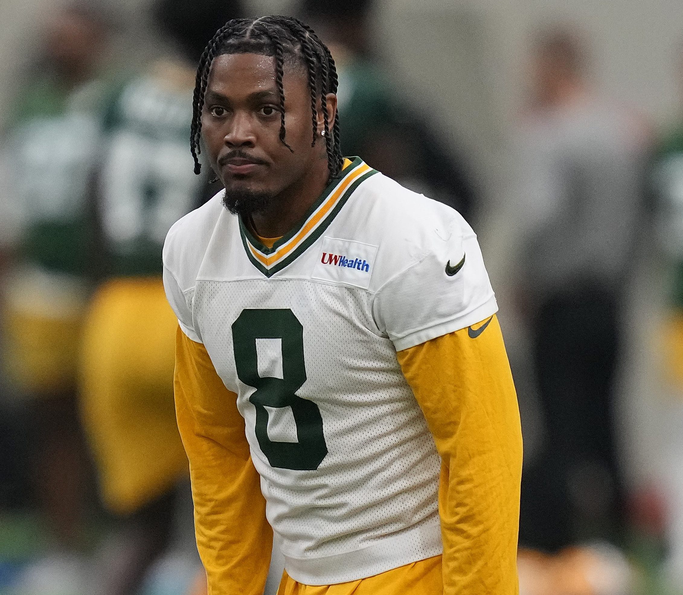 Josh Jacobs #8 of the Green Bay Packers participates in drills during the Green Bay Packers mandatory minicamp at Don Hutson Center on June 09, 2026 in Ashwaubenon, Wisconsin.