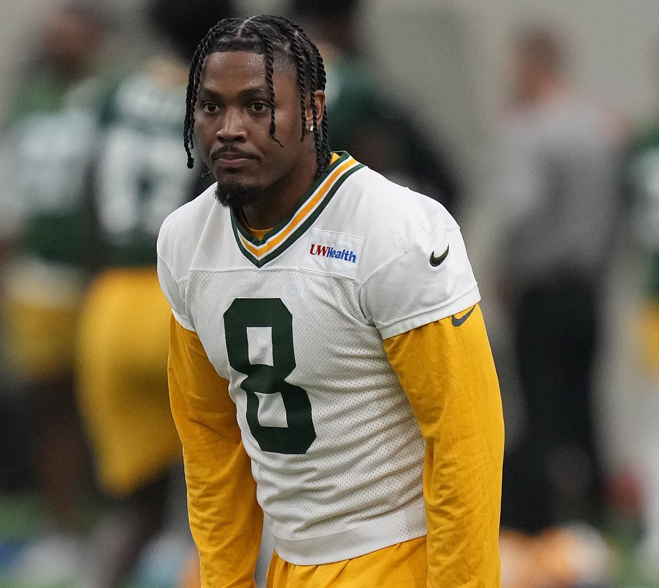 Josh Jacobs #8 of the Green Bay Packers participates in drills during the Green Bay Packers mandatory minicamp at Don Hutson Center on June 09, 2026 in Ashwaubenon, Wisconsin.