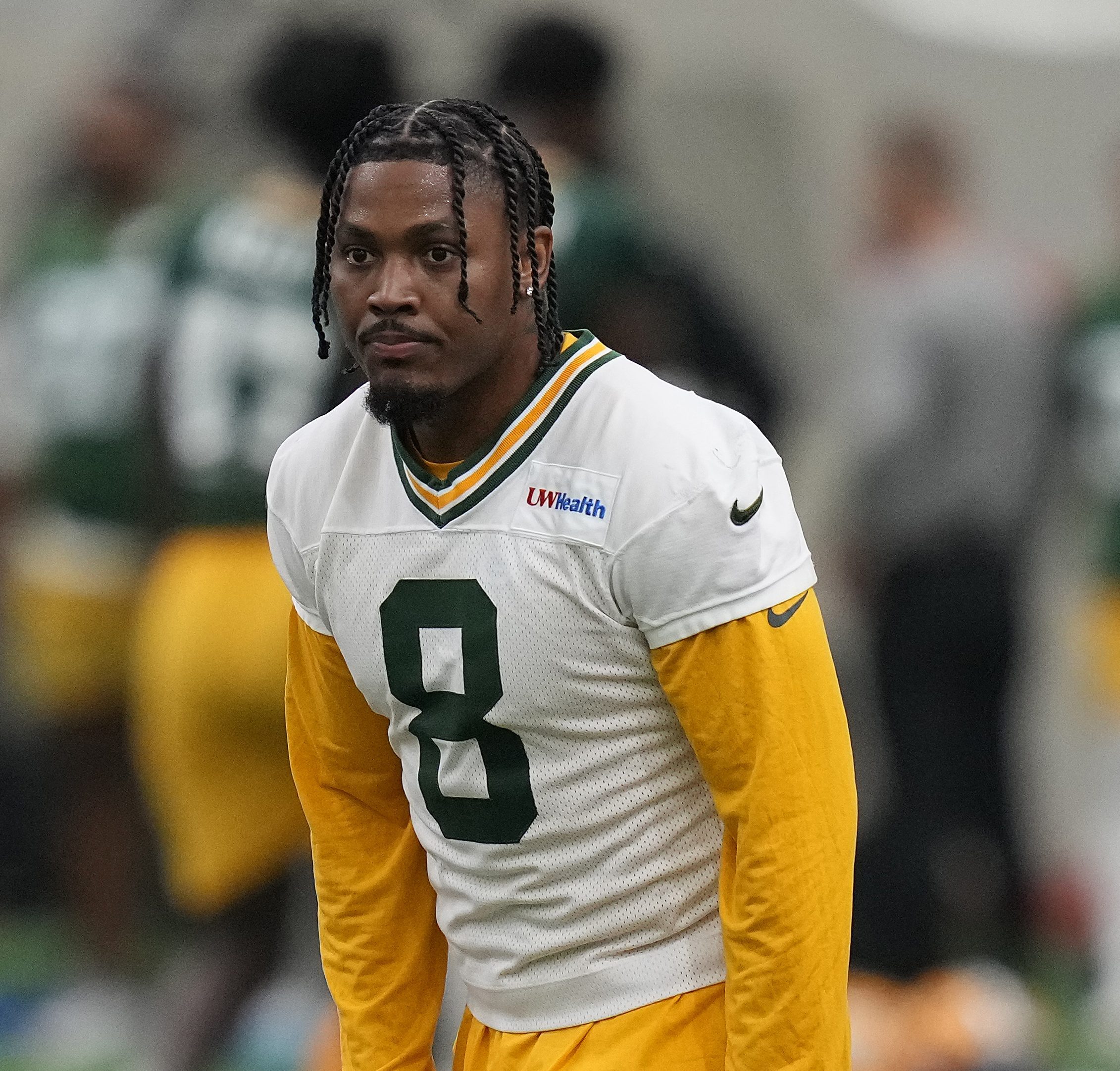 Josh Jacobs #8 of the Green Bay Packers participates in drills during the Green Bay Packers mandatory minicamp at Don Hutson Center on June 09, 2026 in Ashwaubenon, Wisconsin.