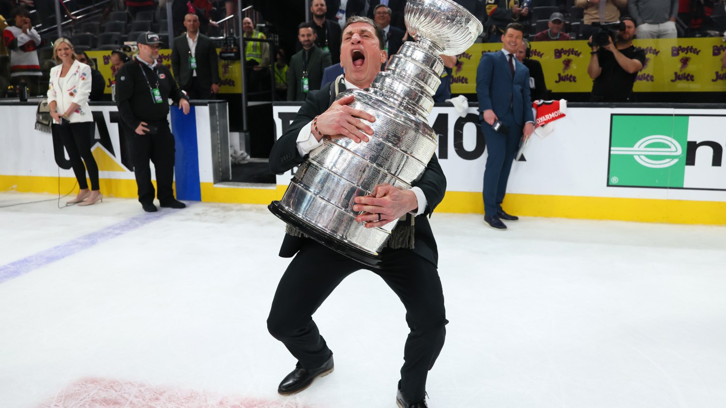 LAS VEGAS, NEVADA - JUNE 14: Head coach Rod Brind'Amour of the Carolina Hurricanes lifts the Stanley Cup after Game Six of the 2026 Stanley Cup Final against the Vegas Golden Knights at T-Mobile Arena on June 14, 2026 in Las Vegas, Nevada. The Carolina Hurricanes won 3-0.
