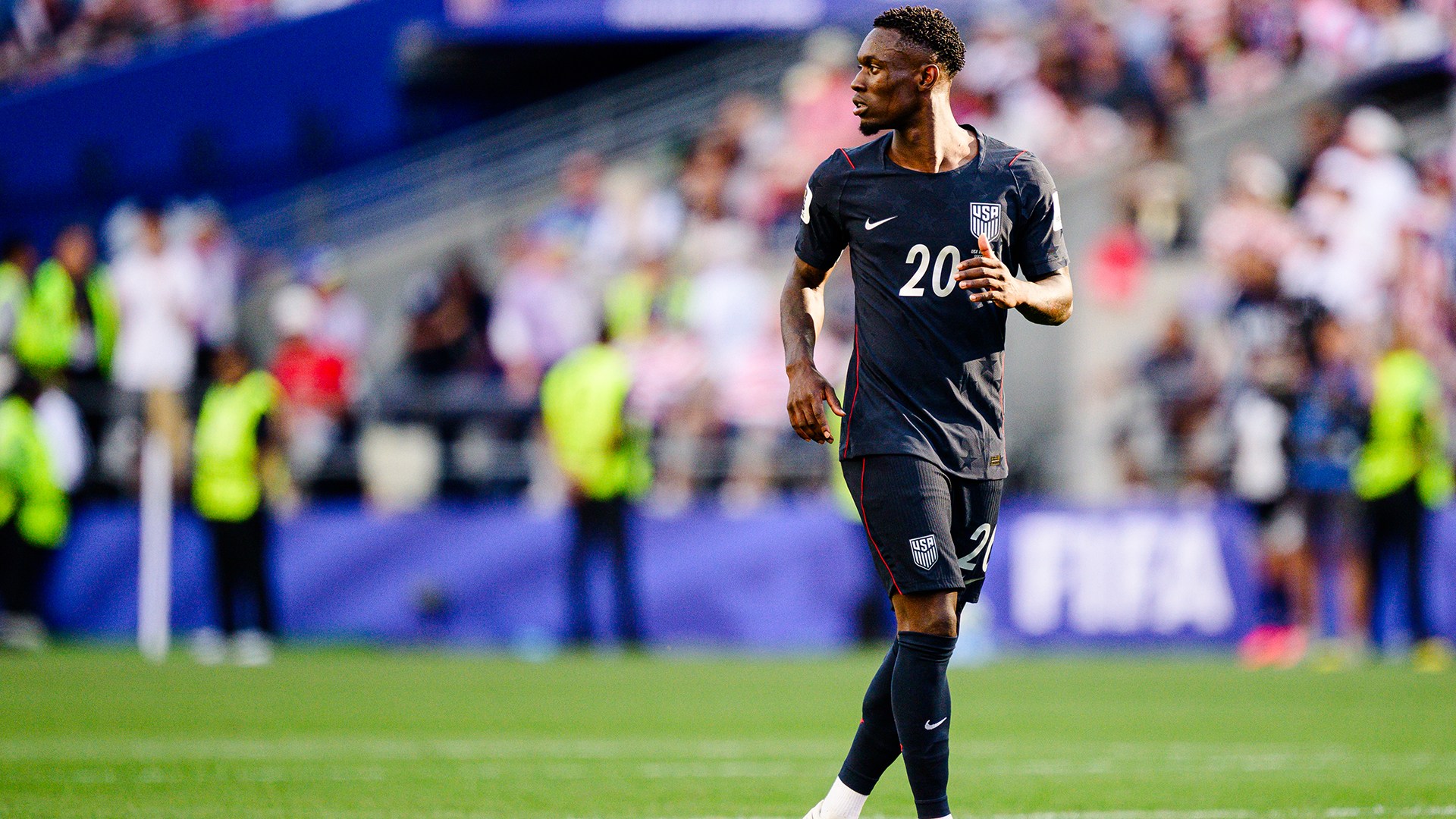 Folarin Balogun #20 of United States looks on during the second half of the FIFA World Cup 2026 Round Of 16 match against Belgium at Seattle Stadium on July 6, 2026 in Seattle, United States.