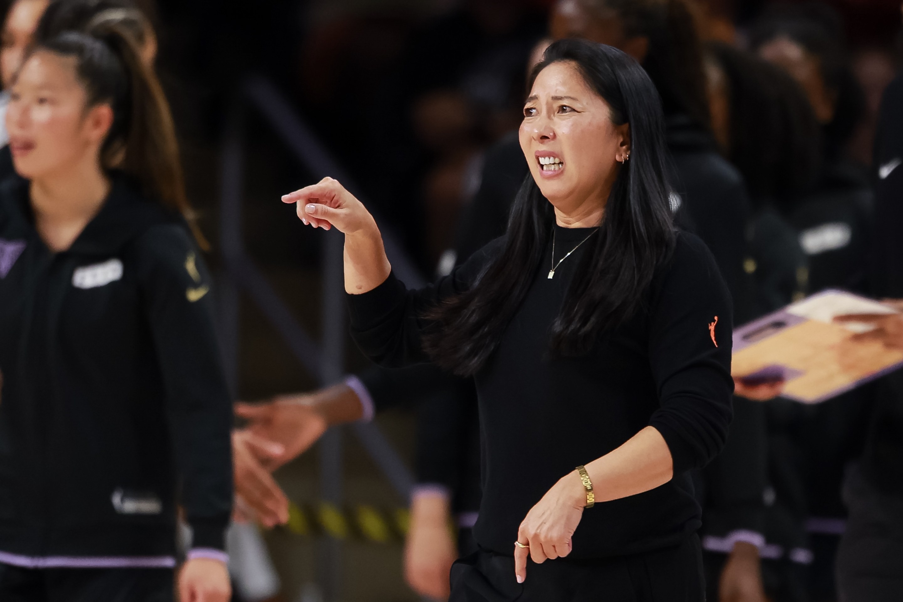 Head coach Natalie Nakase of the Golden State Valkyries reacts to a play against the Washington Mystics during the second half of the game at CareFirst Arena on July 6, 2026 in Washington, DC.