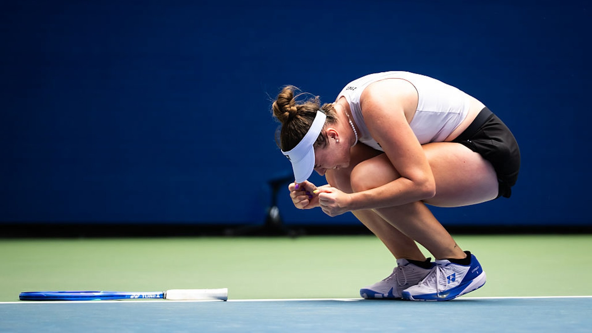 Linda Noskova of the Czech Republic reacts to defeating Marta Kostyuk of Ukraine in the fourth round on Day 8 of the US Open