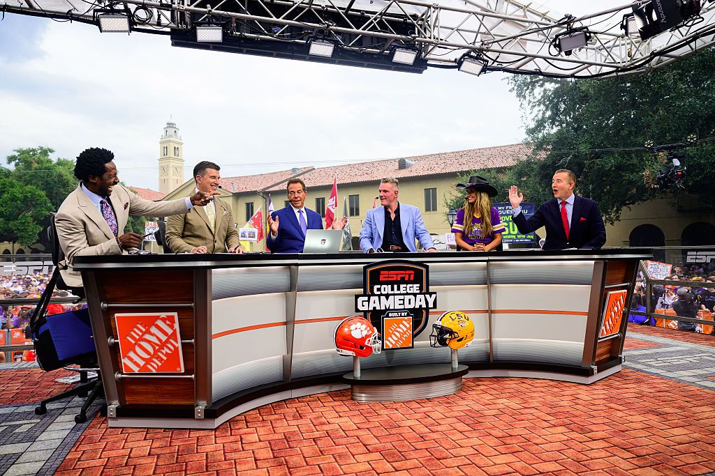 ESPN's College GameDay show on the quad at LSU, with Rece Davis, Nick Saban, Lainey Wilson, Desmond Howard, Kirk Herbstreit, and Pat McAfee