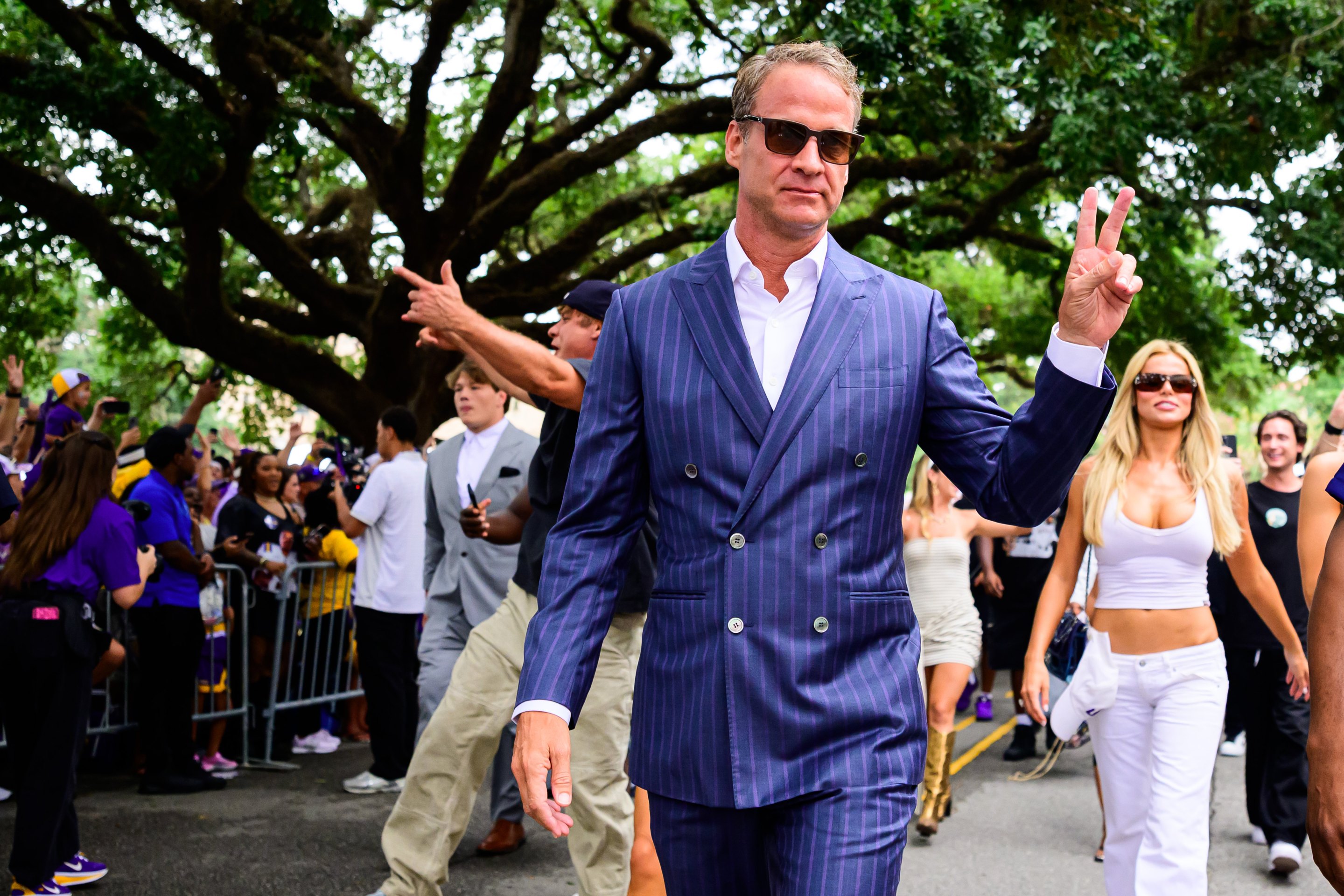 BATON ROUGE, LOUISIANA - SEPTEMBER 5: Lane Kiffin of the LSU Tigers walks down victory hill prior to a game against the Clemson Tigers at Tiger Stadium on September 5, 2026 in Baton Rouge, Louisiana.
