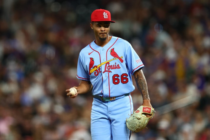 Relief pitcher Hancel Rincon of the St. Louis Cardinals reacts after giving up an RBI single in the seventh inning against the Colorado Rockies at Coors Field on September 5, 2026 in Denver, Colorado.