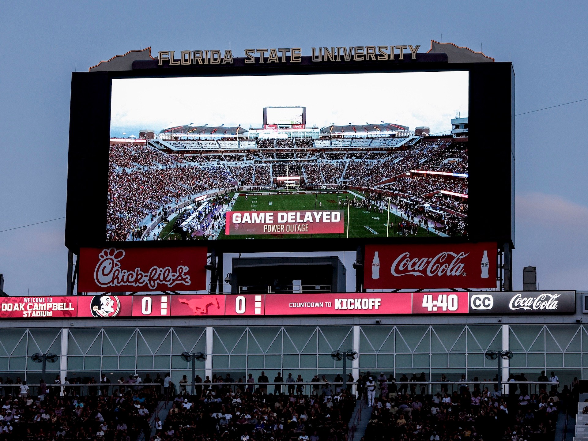 TALLAHASSEE, FL - SEPTEMBER 07: A general view of the score board displaying the Game Delayed due to power outage prior to the game between the Florida State Seminoles and the #19th ranked SMU Mustangs at Doak S. Campbell Stadium on Bobby Bowden Field on September 7, 2026 in Tallahassee, Florida.