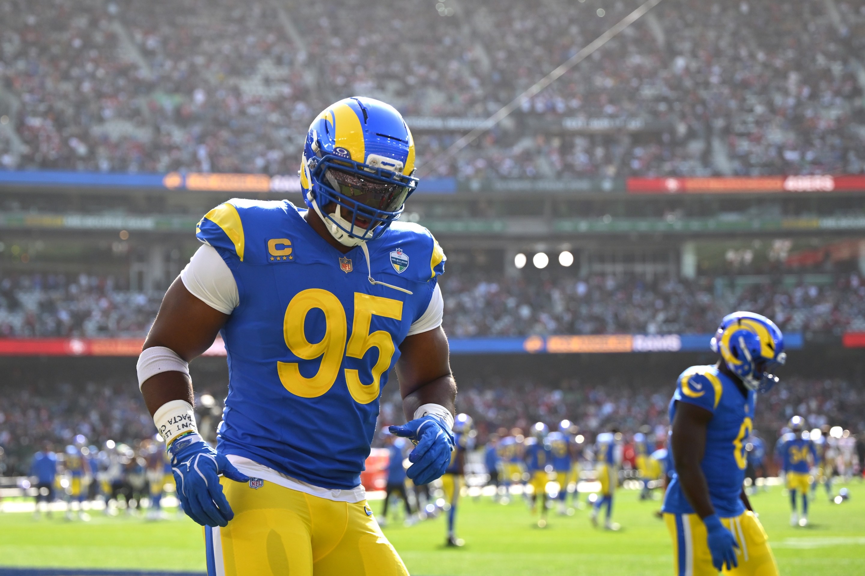 MELBOURNE, AUSTRALIA - SEPTEMBER 11: Myles Garrett #95 of the Los Angeles Rams warms up prior to the NFL football game against the San Francisco 49ers at the Melbourne Cricket Ground on September 11, 2026 in Melbourne, Australia. (Photo by Quinn Rooney/Getty Images)
