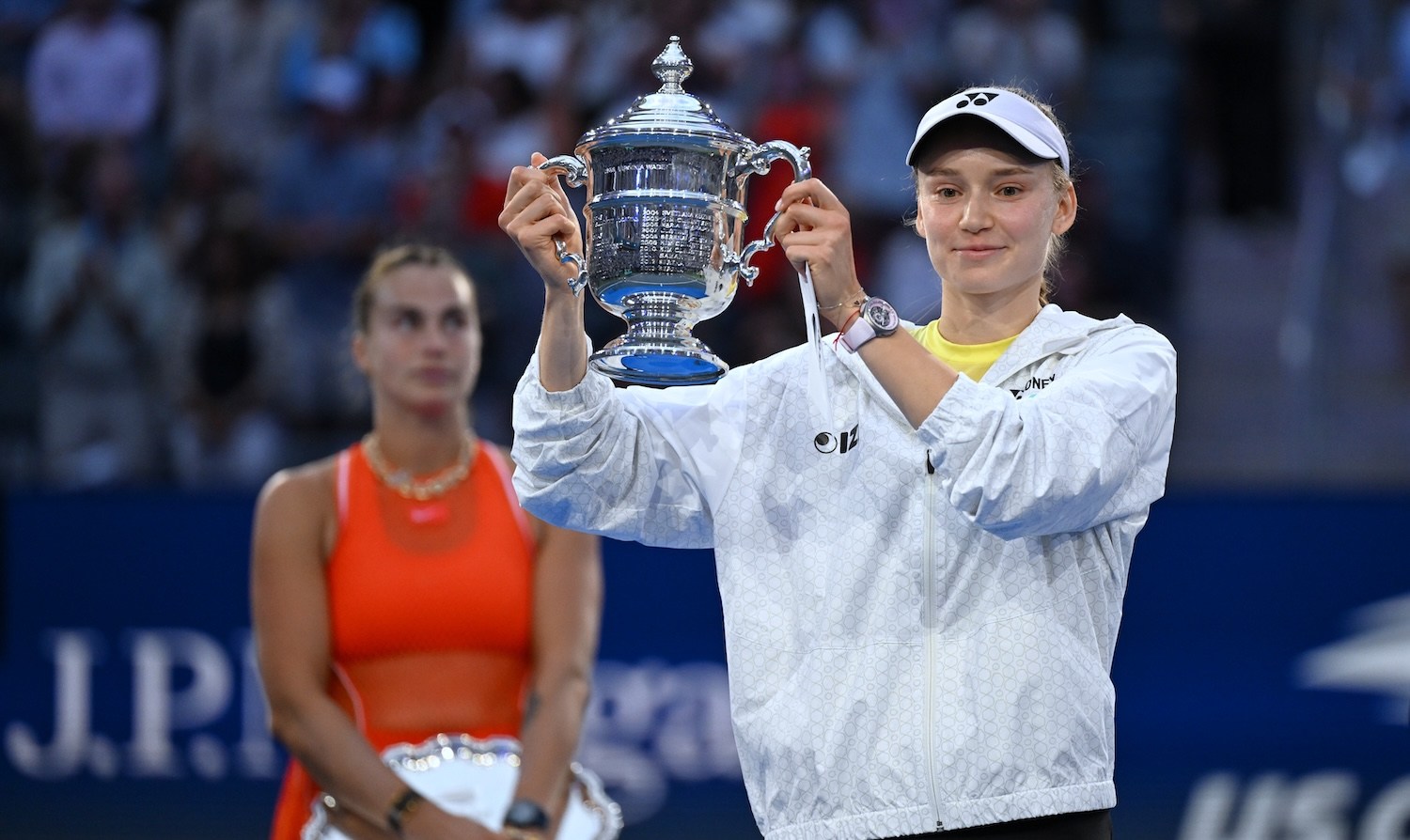 Elena Rybakina R of Kazakhstan celebrates during the awarding ceremony for the women's singles final match between Aryna Sabalenka of Belarus and Elena Rybakina of Kazakhstan at the 2026 US Open tennis championships in New York, the United States, Sept. 12, 2026. (Photo by Li Rui/Xinhua via Getty Images)