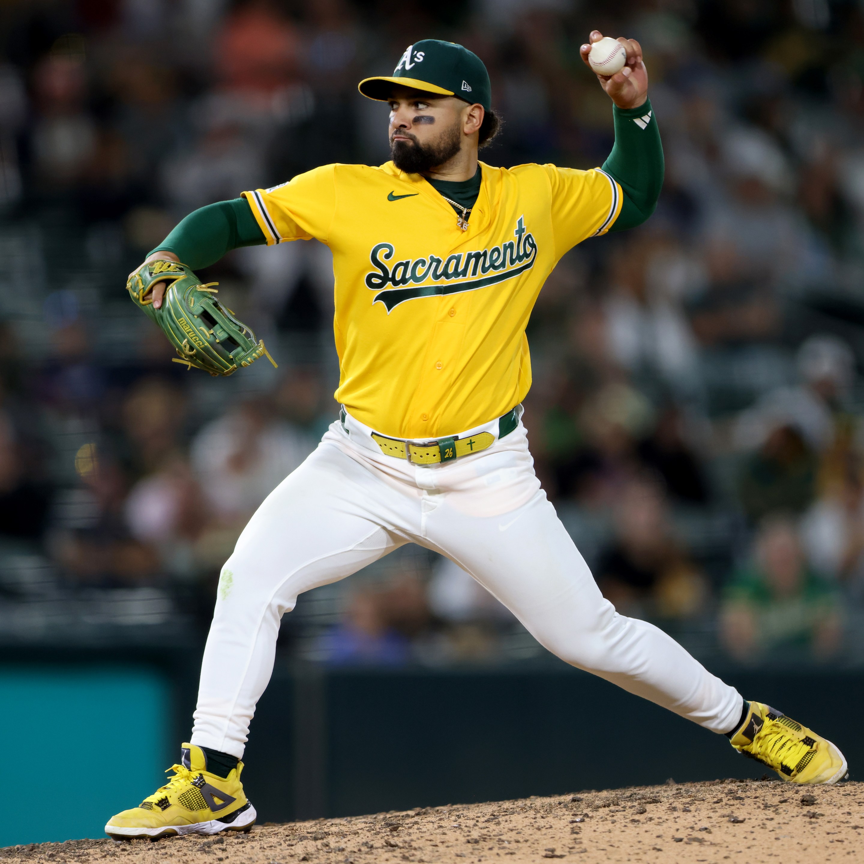 SACRAMENTO, CALIFORNIA - SEPTEMBER 12: Carlos Cortes #26 of the Athletics pitches during the top of the ninth inning against the Seattle Mariners at Sutter Health Park on September 12, 2026 in Sacramento, California. (Photo by Scott Marshall/Getty Images)