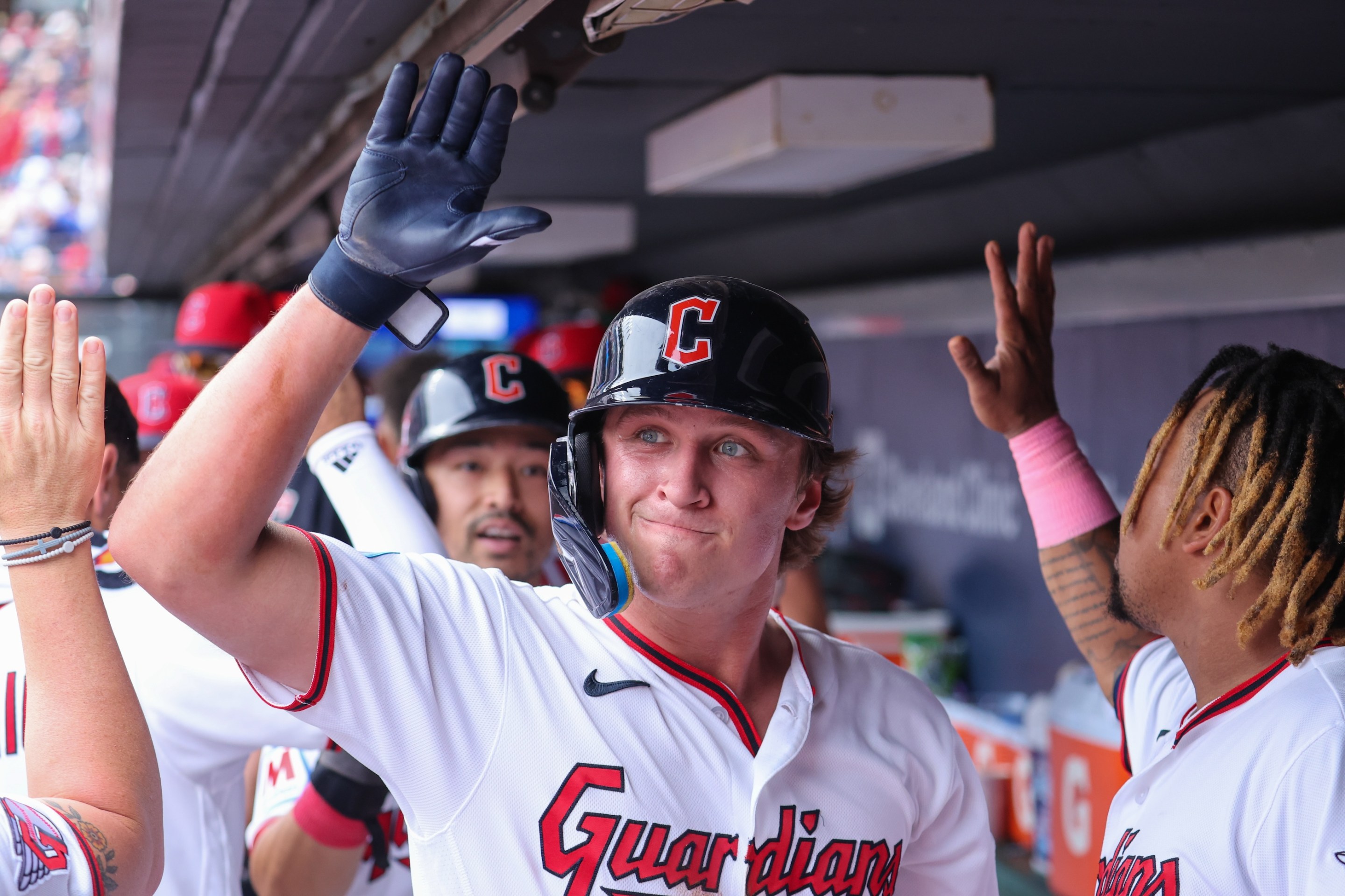 Cleveland Guardians center fielder Petey Halpin (0) is congratulated in the dugout after scoring a run during the third inning of the Major League Baseball game between the Chicago White Sox and Cleveland Guardians on September 16, 2026.