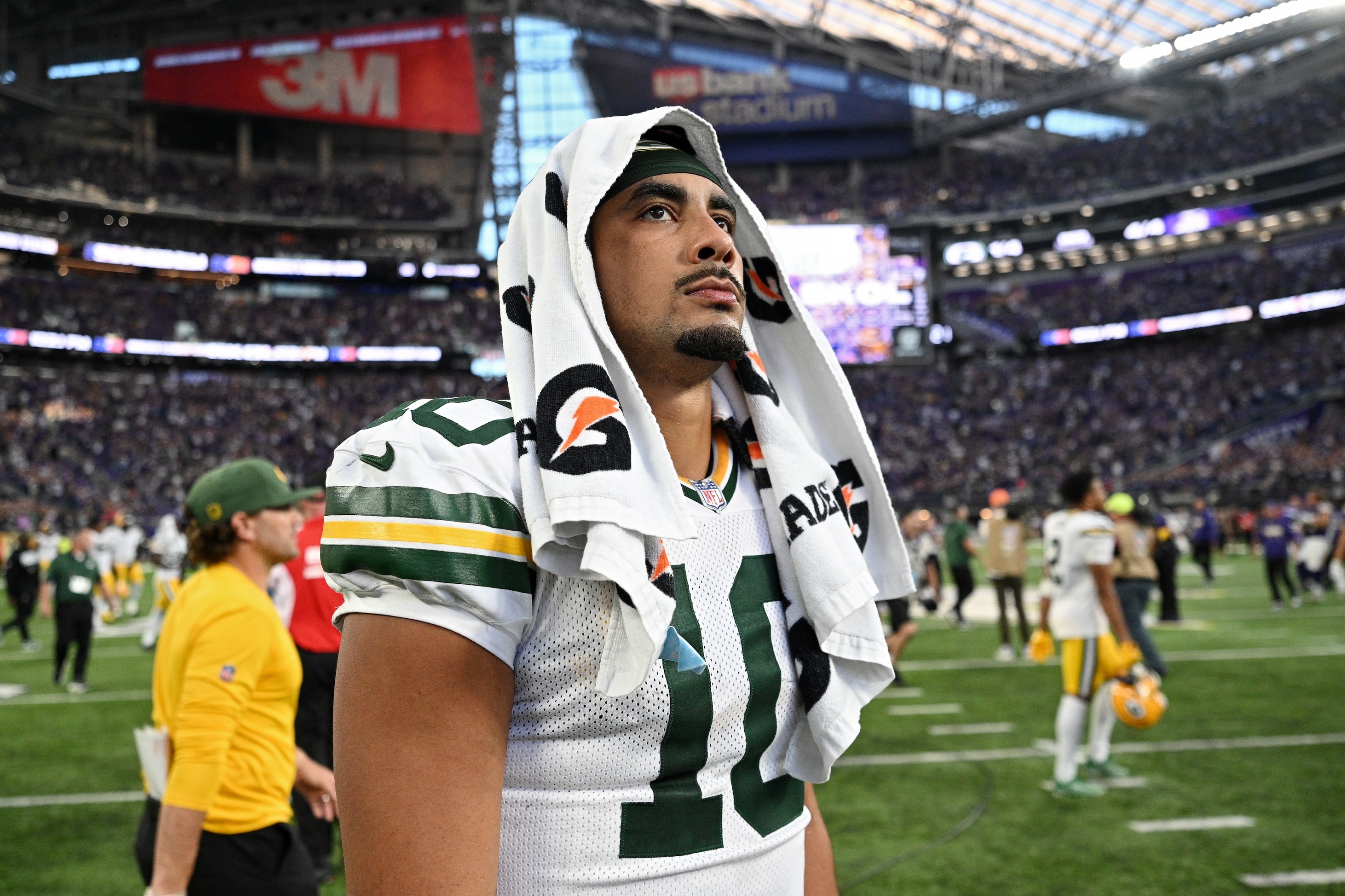 Jordan Love #10 of the Green Bay Packers looks on after losing to the Minnesota Vikings 39-22 at U.S. Bank Stadium on September 13, 2026 in Minneapolis, Minnesota.