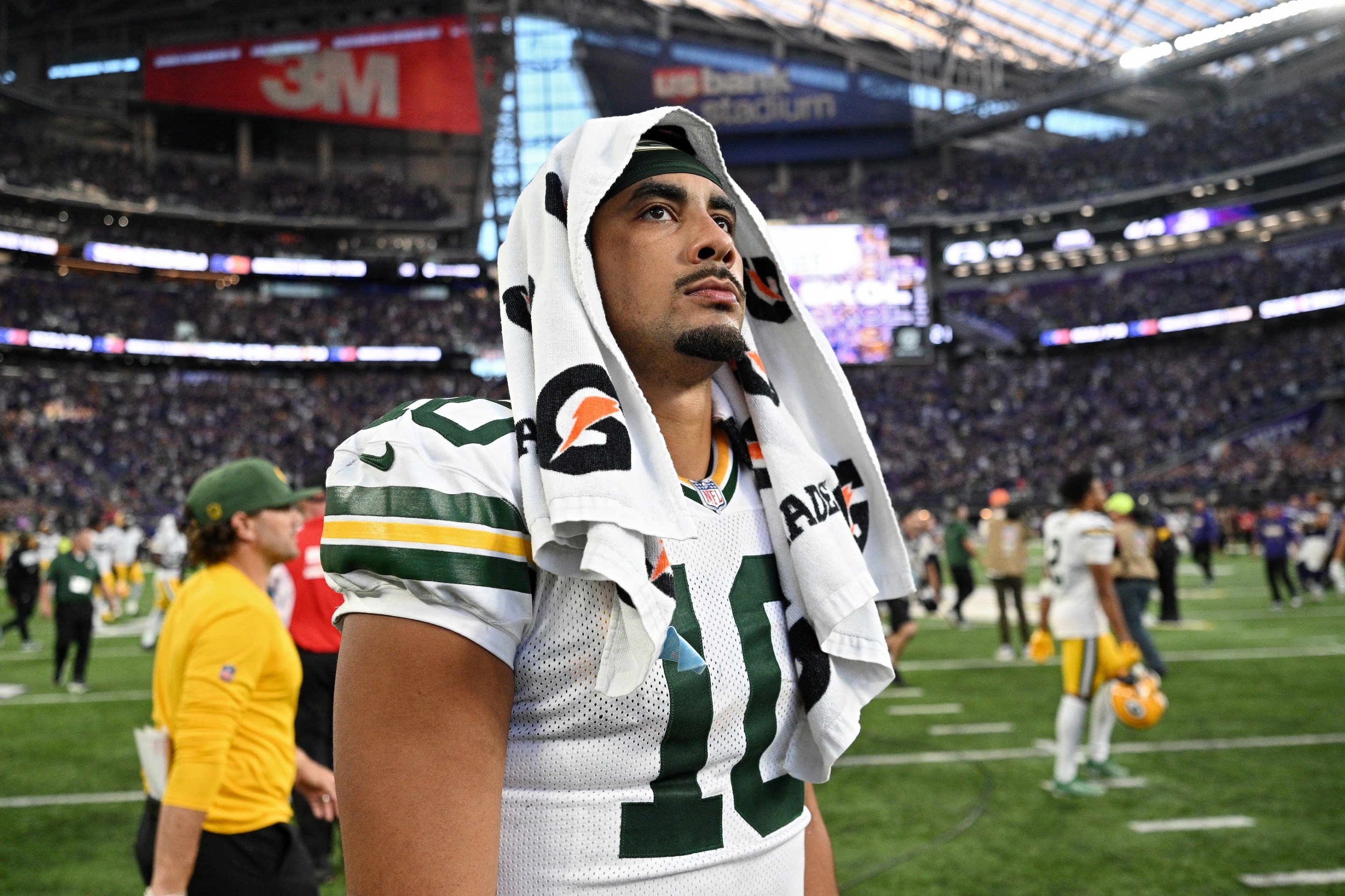 Jordan Love #10 of the Green Bay Packers looks on after losing to the Minnesota Vikings 39-22 at U.S. Bank Stadium on September 13, 2026 in Minneapolis, Minnesota.