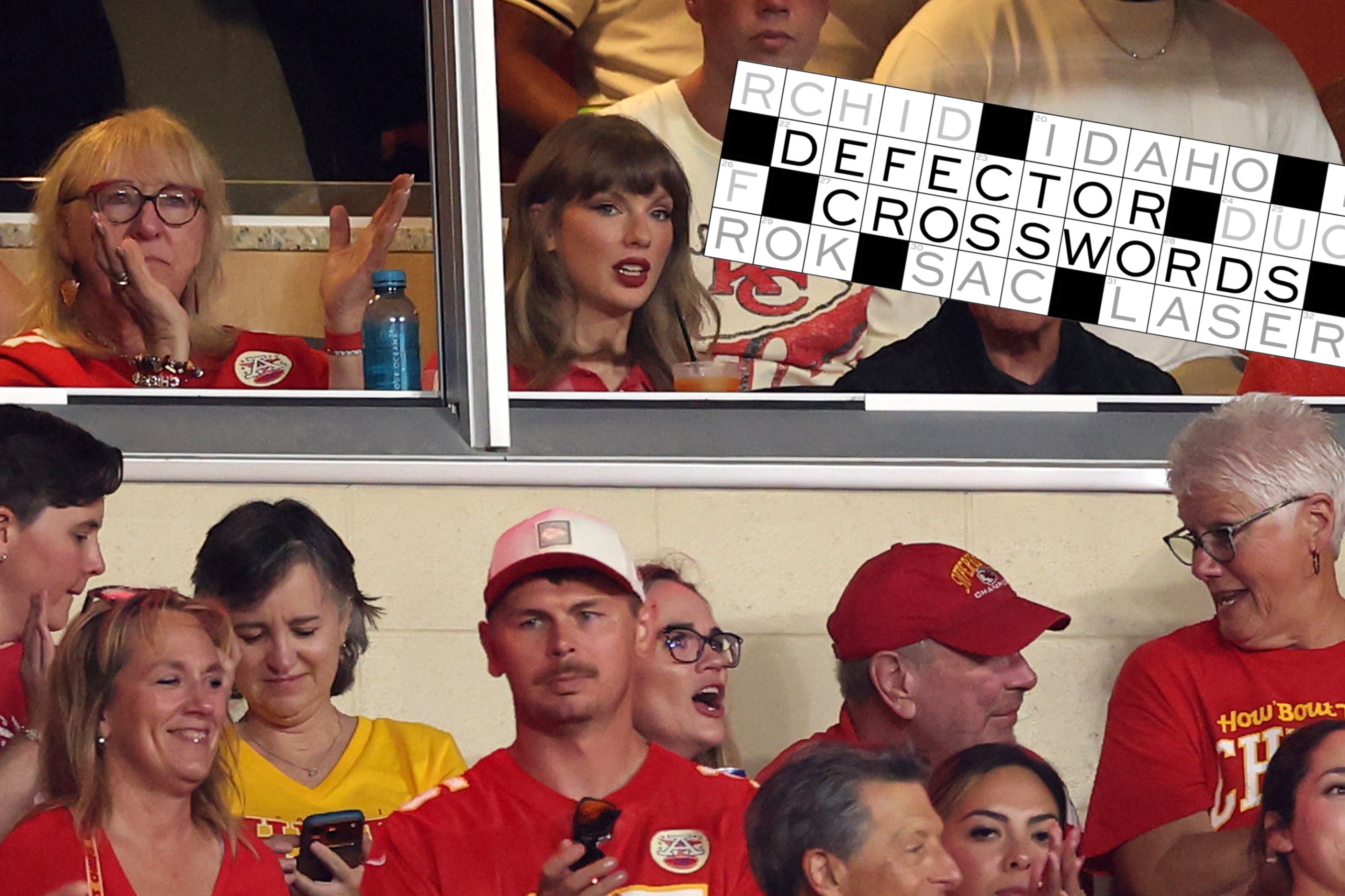 (L-R) Donna Kelce, Singer Taylor Swift and actor Tom Cruise attend the game between the Kansas City Chiefs and the Denver Broncos at Arrowhead Stadium on September 14, 2026 in Kansas City, Missouri.