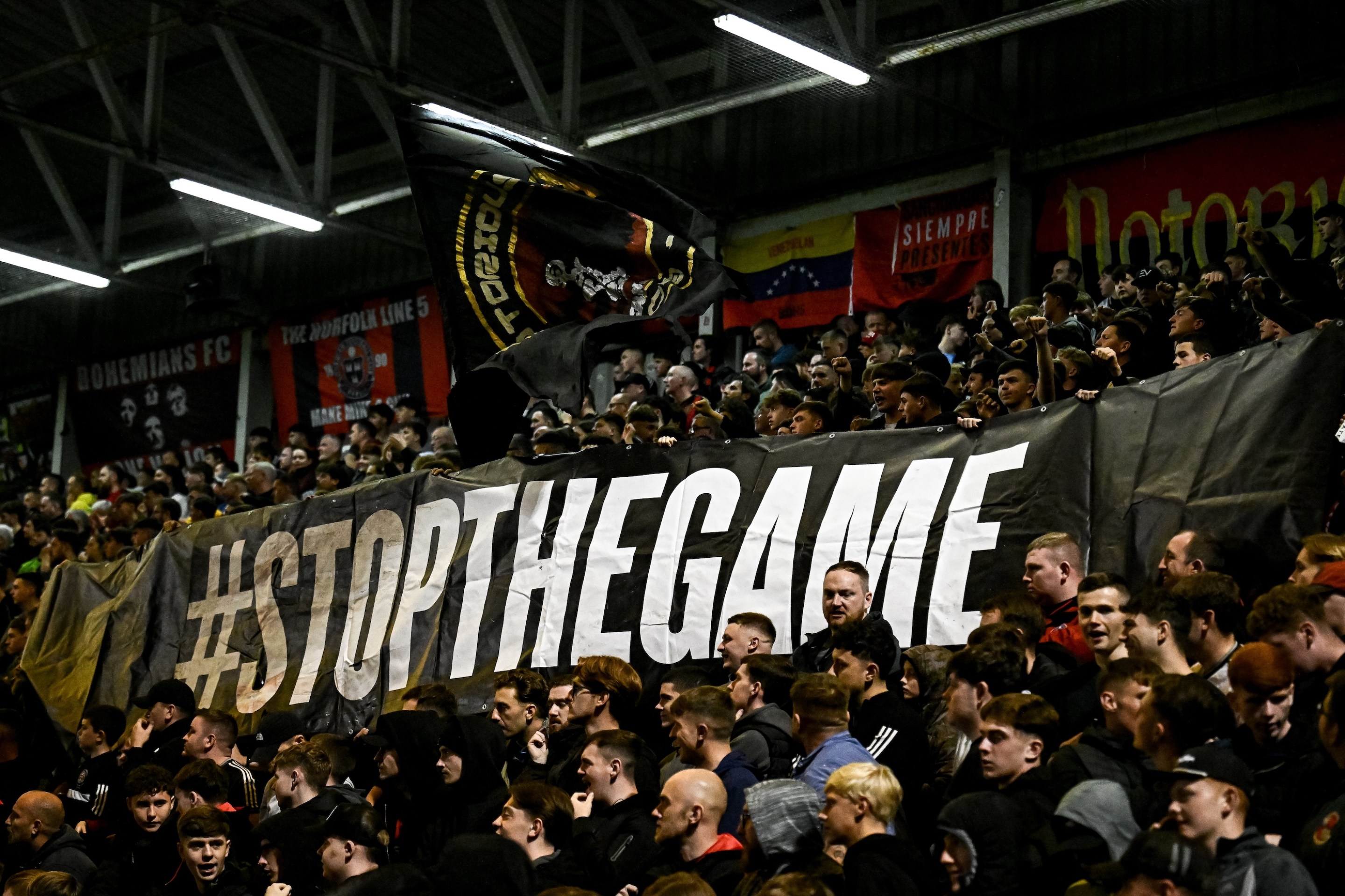 Dublin , Ireland - 18 September 2026; Bohemians supporters display a banner, protesting the upcoming Republic of Ireland matches against Israel, during the SSE Airtricity Men’s Premier Division match between Bohemians and Drogheda United at Dalymount Park in Dublin. (Photo By Seb Daly/Sportsfile via Getty Images)