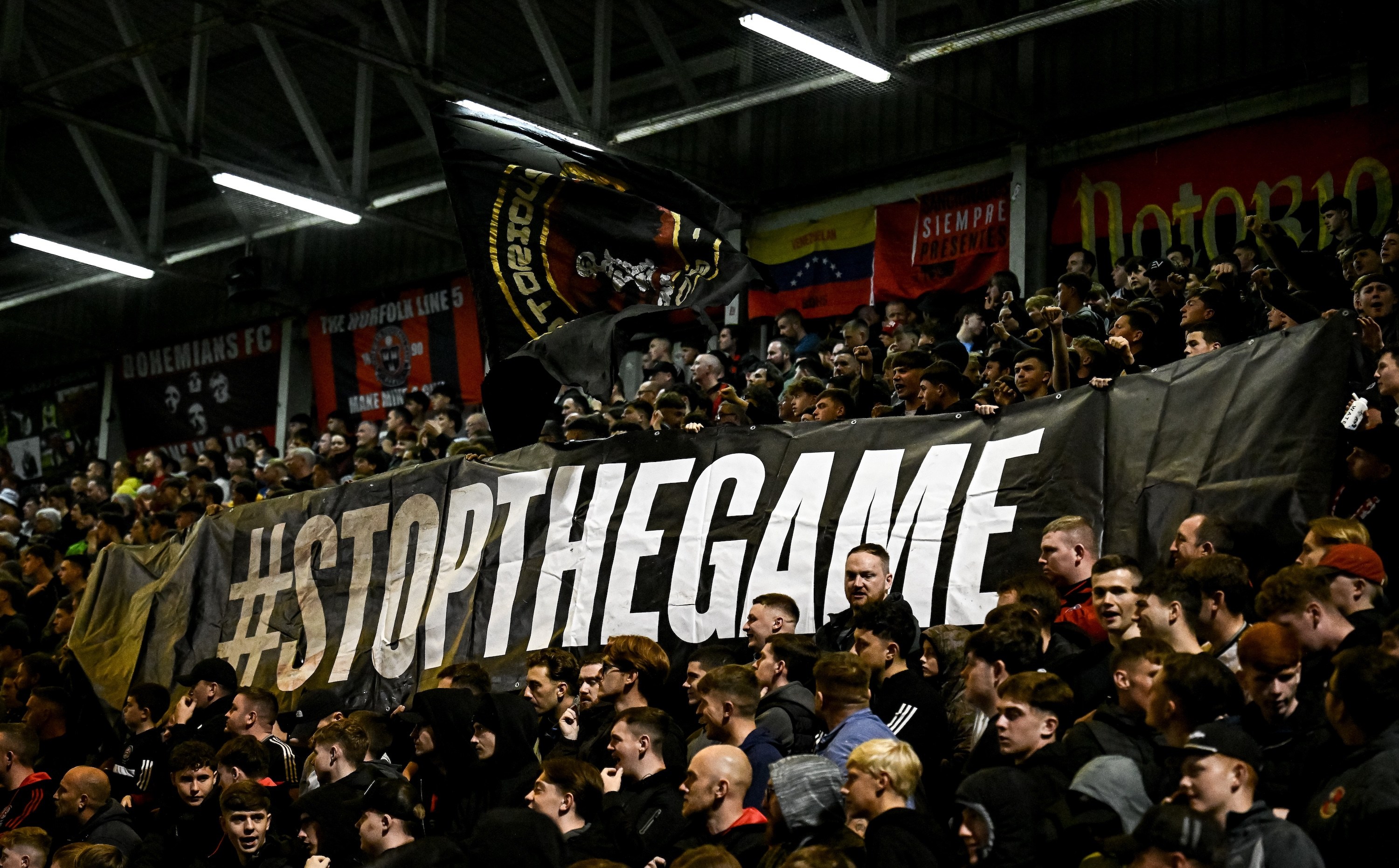 Dublin , Ireland - 18 September 2026; Bohemians supporters display a banner, protesting the upcoming Republic of Ireland matches against Israel, during the SSE Airtricity Men’s Premier Division match between Bohemians and Drogheda United at Dalymount Park in Dublin. (Photo By Seb Daly/Sportsfile via Getty Images)