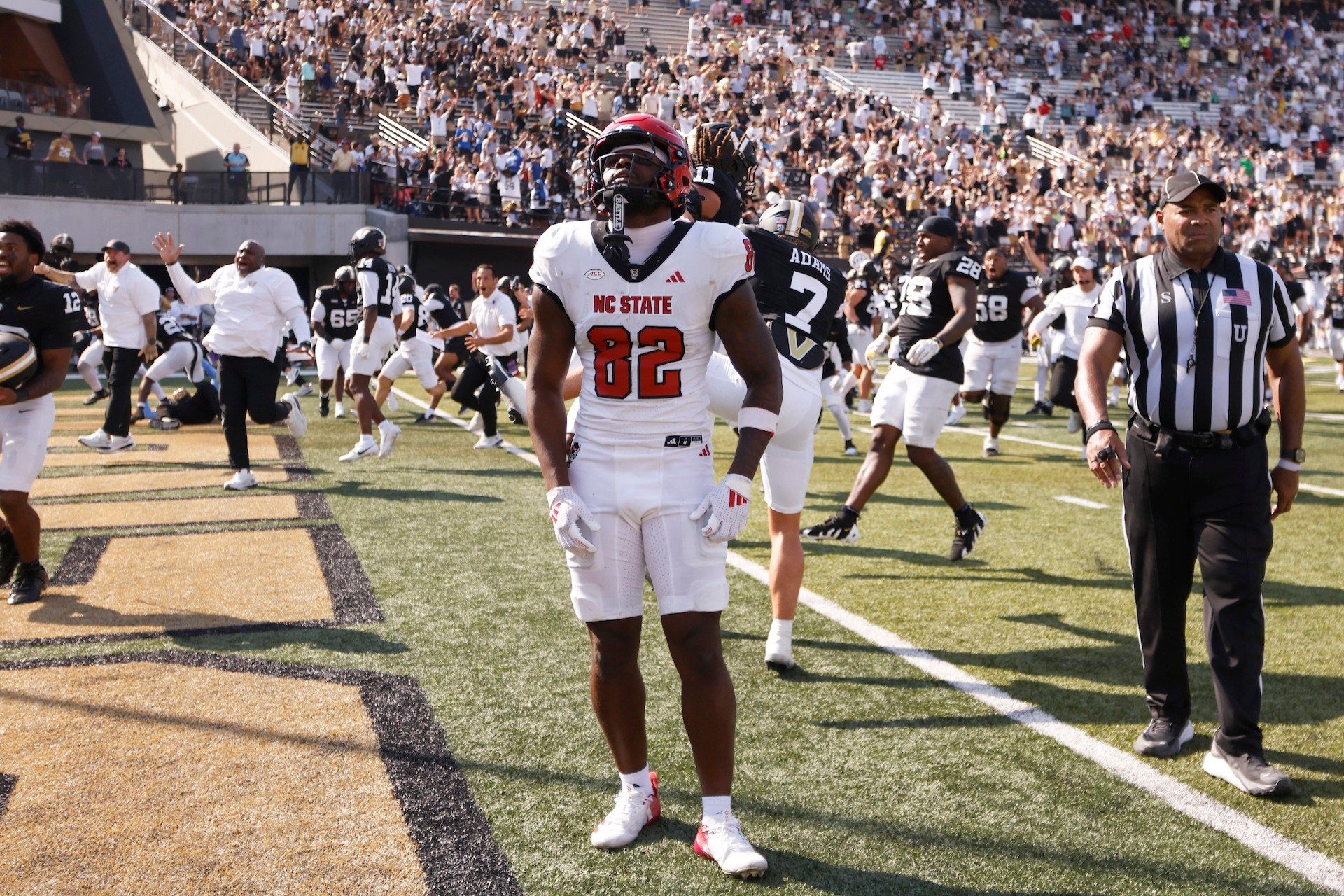 NASHVILLE, TENNESSEE - SEPTEMBER 19: Chance Robinson #82 of the NC State Wolfpack reacts after a last second loss against the Vanderbilt Commodores at FirstBank Stadium on September 19, 2026 in Nashville, Tennessee.
