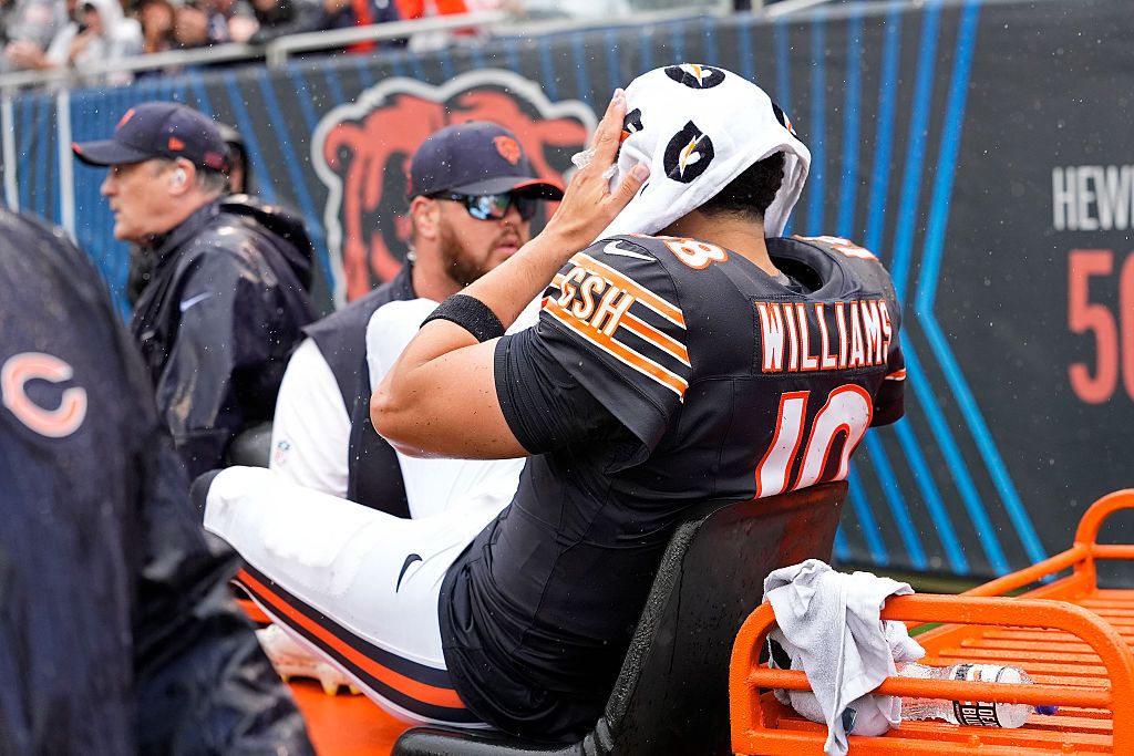 Chicago Bears quarterback Caleb Williams is carted off the field with an injury during a game with the Minnesota Vikings on September 20, 2026