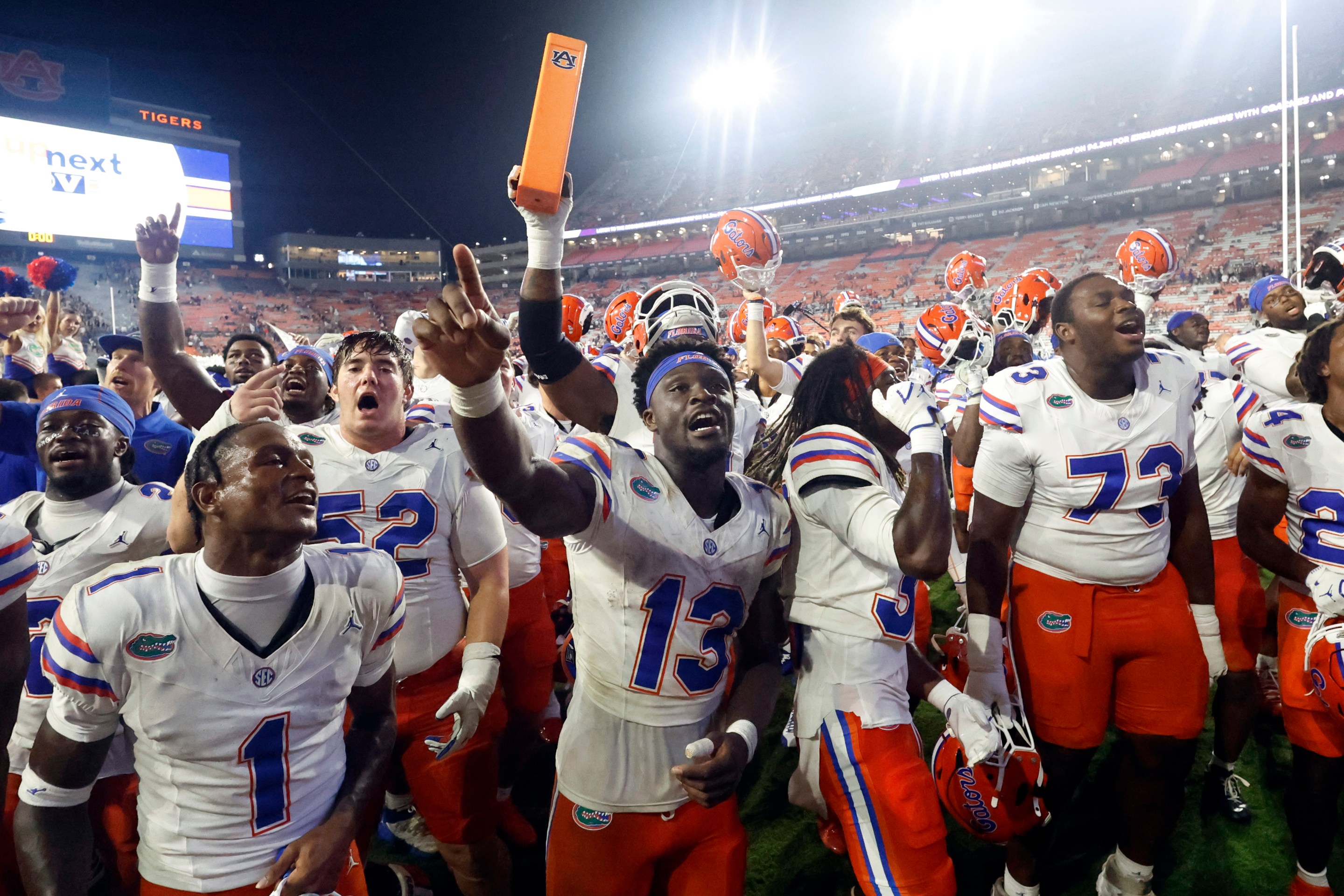 AUBURN, ALABAMA - SEPTEMBER 19:  Running back Jadan Baugh #13 of the Florida Gators celebrates with team after a win over the Auburn Tigers at Jordan Hare stadium on September 19, 2026 in Auburn, Alabama.