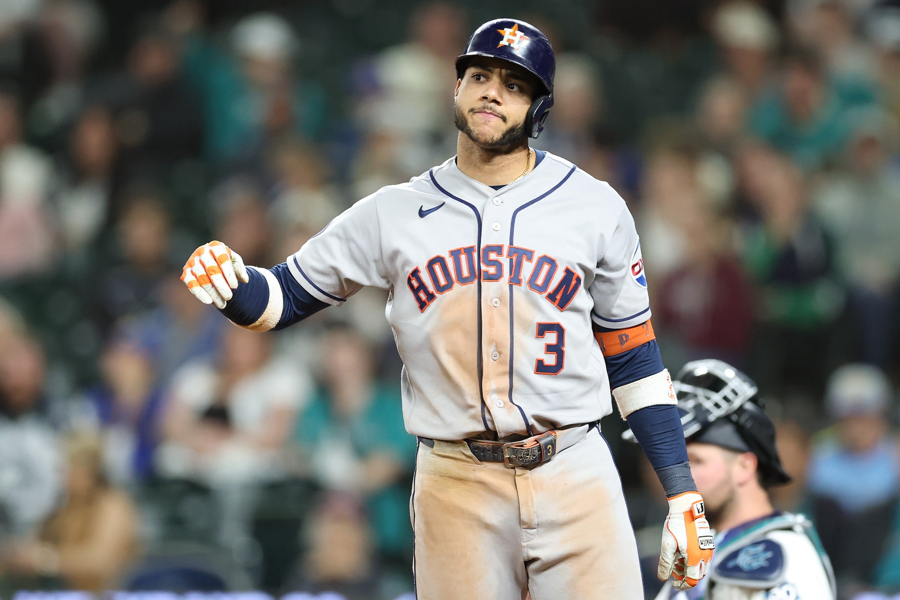 Jeremy Pena of the Houston Astros reacts after he is hit by a pitch during the eighth inning against the Seattle Mariners at T-Mobile Park on September 22, 2026 in Seattle, Washington.