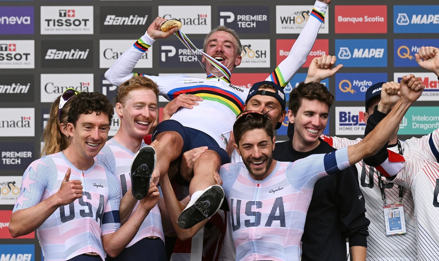 MONTREAL, QUEBEC - SEPTEMBER 27: Gold medalist Brandon McNulty and Team United States (C) celebrates with teammates during the medal ceremony after the 99th UCI Road World Championships Montreal 2026 - Men Elite Road Race a 273.4km one day race from Brossard to Montreal on September 27, 2026 in Montreal, Quebec. (Photo by Dario Belingheri/Getty Images)