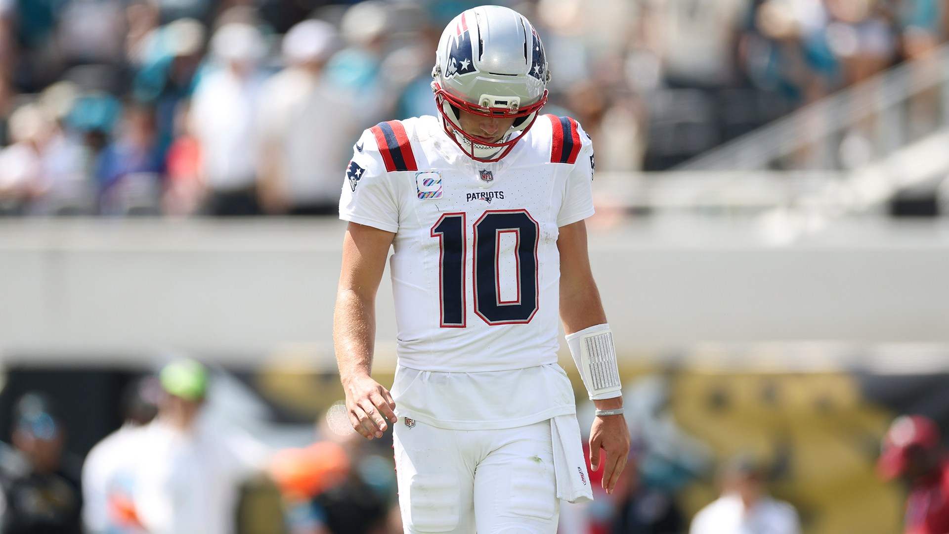 Drake Maye #10 of the New England Patriots looks on during second quarter of an NFL football game against the Jacksonville Jaguars at Everbank Stadium on September 27, 2026 in Jacksonville, Florida.