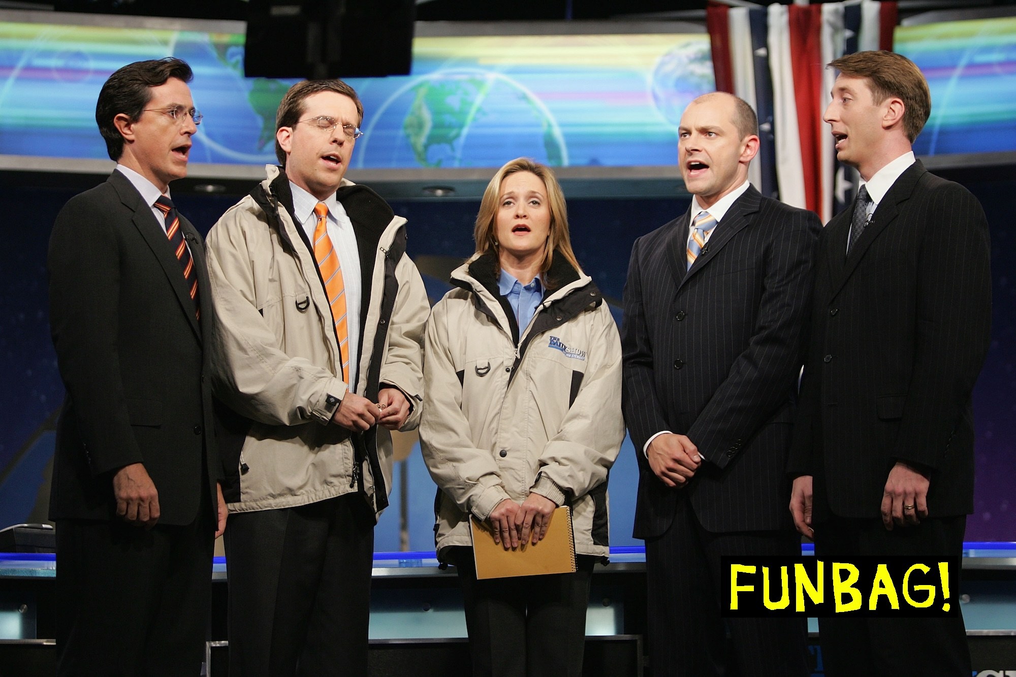 NEW YORK - NOVEMBER 2: Daily Show correspondents sing a song to open live Election Night coverage of The Daily Show with Jon Stewart November 2, 2004 in New York City. (Photo by Frank Micelotta/Getty Images)