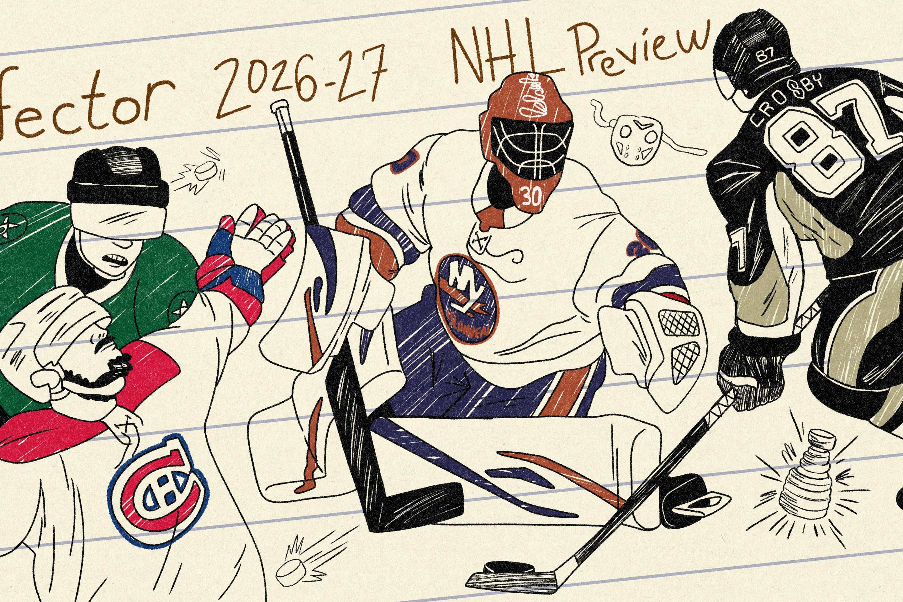 the art is four players: Jason Robertson, Nick Suzuki, Ilya Sorokin, and Sidney Crosby, who look like they were doodled in a notebook