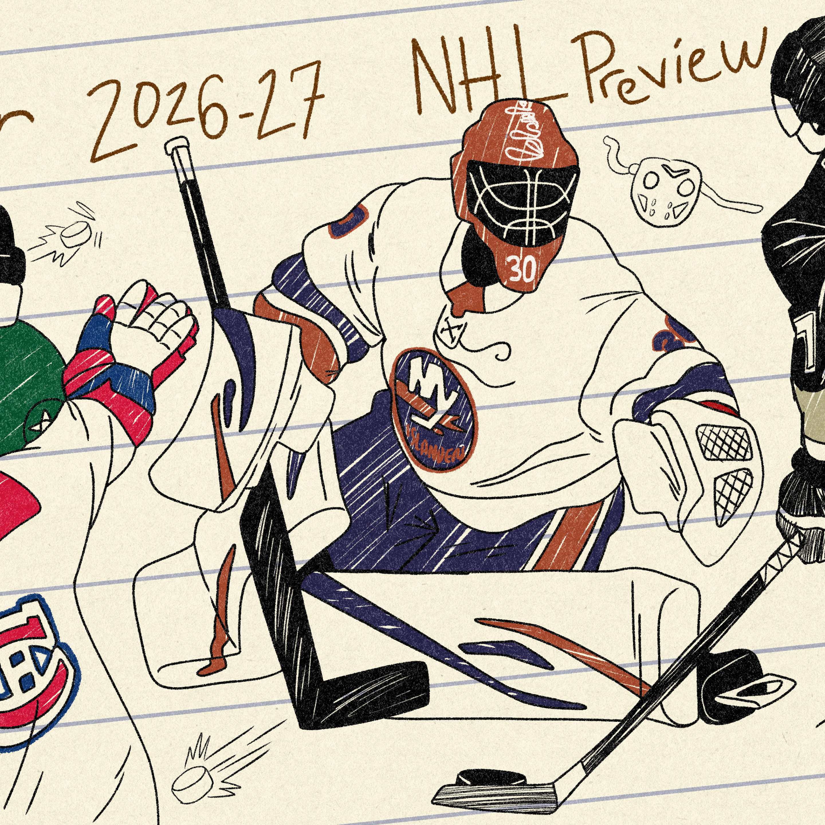 the art is four players: Jason Robertson, Nick Suzuki, Ilya Sorokin, and Sidney Crosby, who look like they were doodled in a notebook