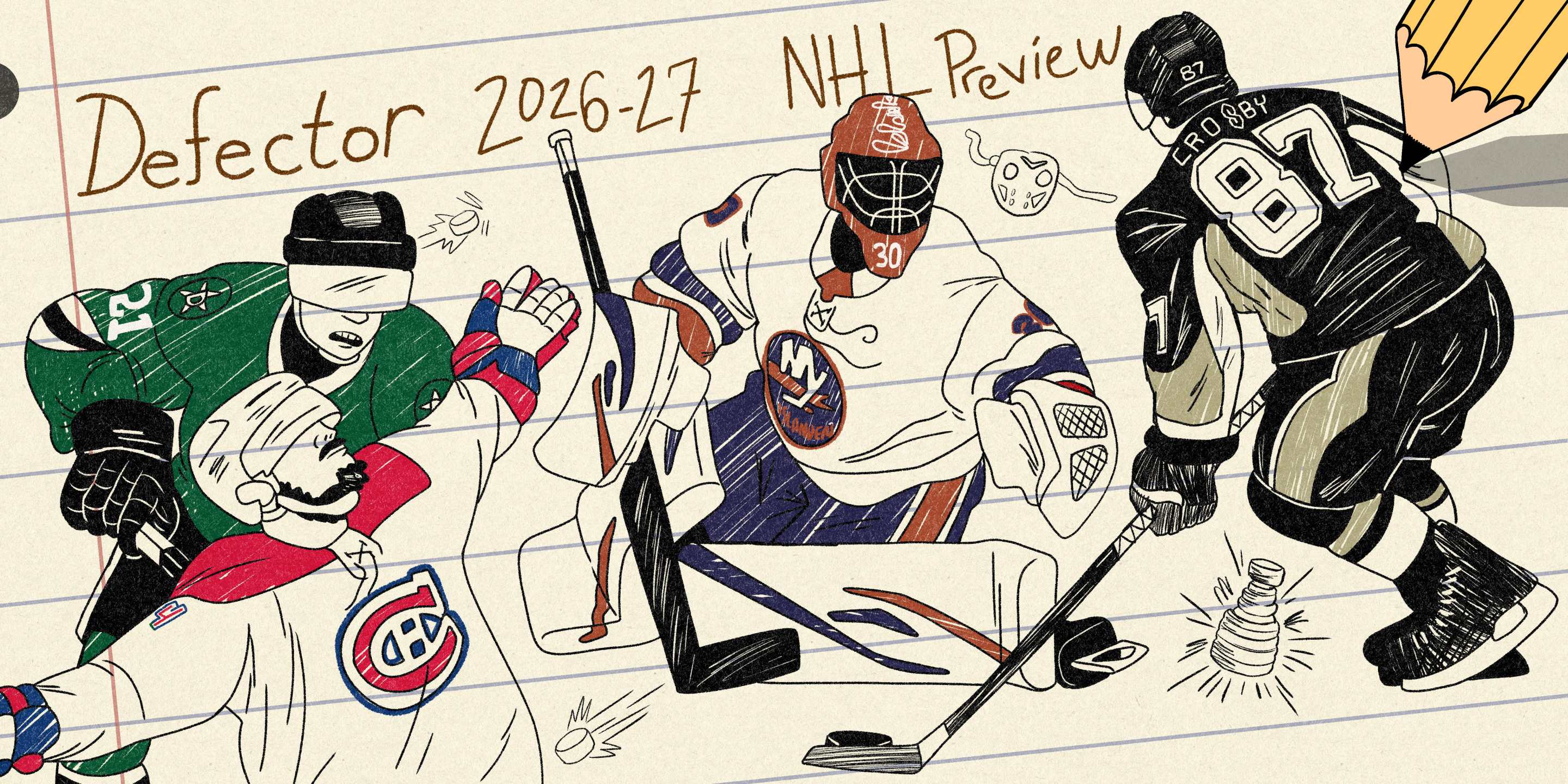 the art is four players: Jason Robertson, Nick Suzuki, Ilya Sorokin, and Sidney Crosby, who look like they were doodled in a notebook