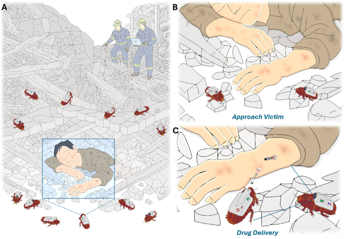 an illustration of what it might look like to receive help from a swarm of cyborg cockroaches when you are trapped under rubble.