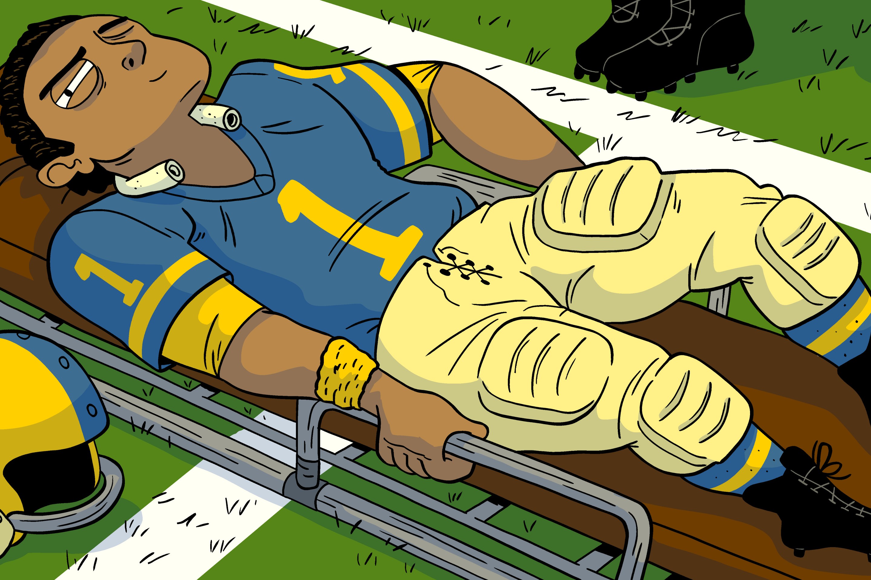 Drawing of a fake-injured football player preparing to take part in a trick play.
