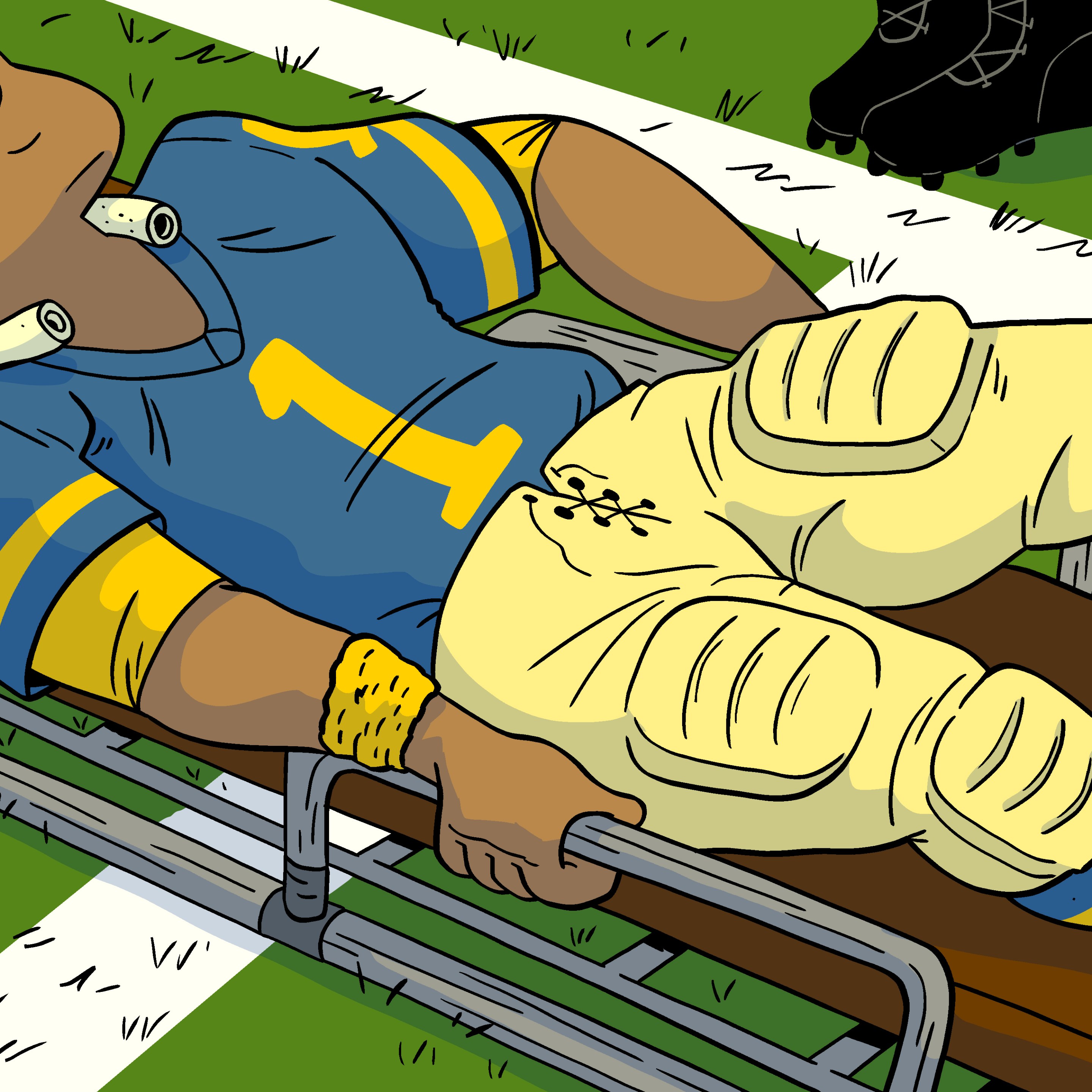 Drawing of a fake-injured football player preparing to take part in a trick play.
